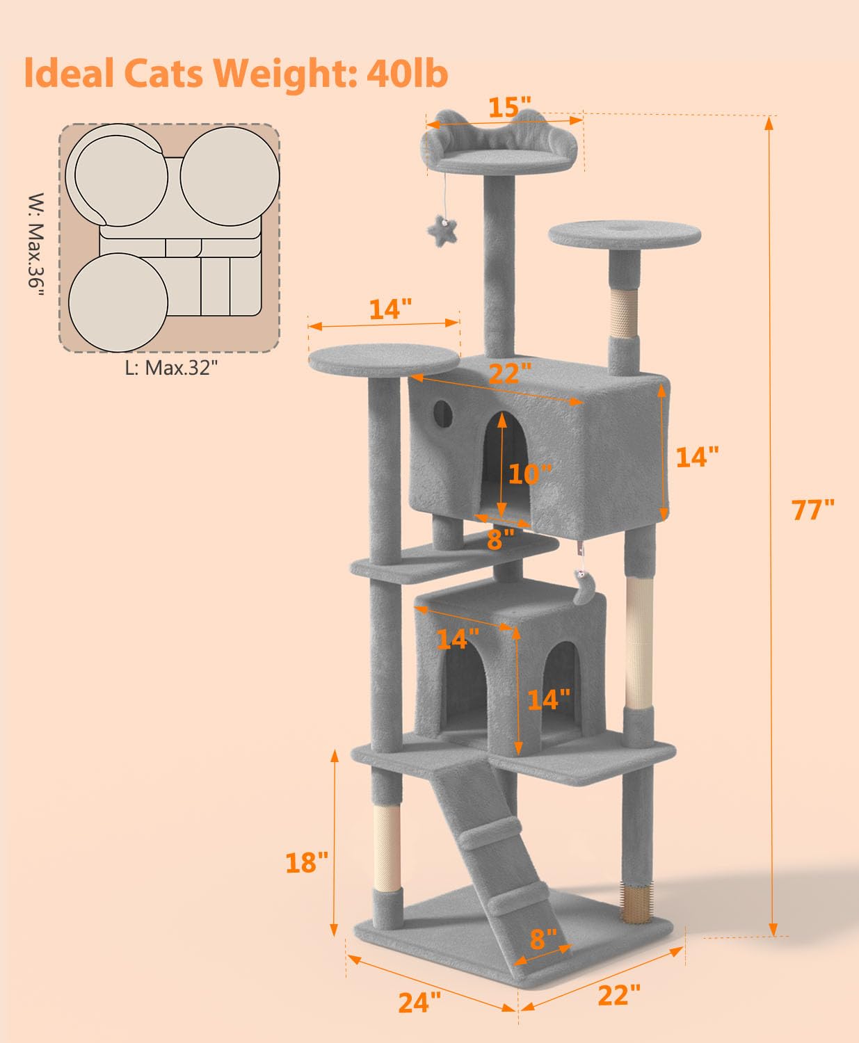 Os Motor 77'' Cat Tree Tower For Indoor Cats Large Adult,Cute/Tall Modern Cat Tree For Big Cats 20 Lbs,Plush Multi-Level Cat Con