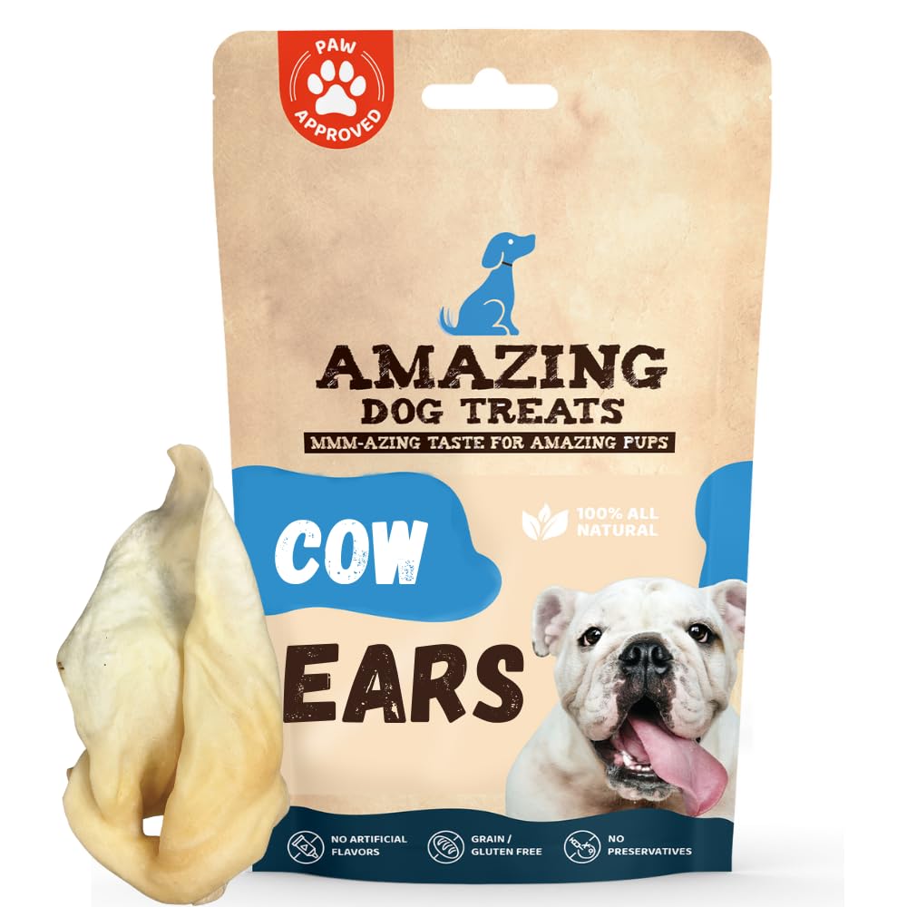 Amazing Dog Treats - Cow Ears for Dogs - Full Size (25 Pack) - Thick-Cut 100% Beef - All Natural Rawhide Alternative- Safe No Hi