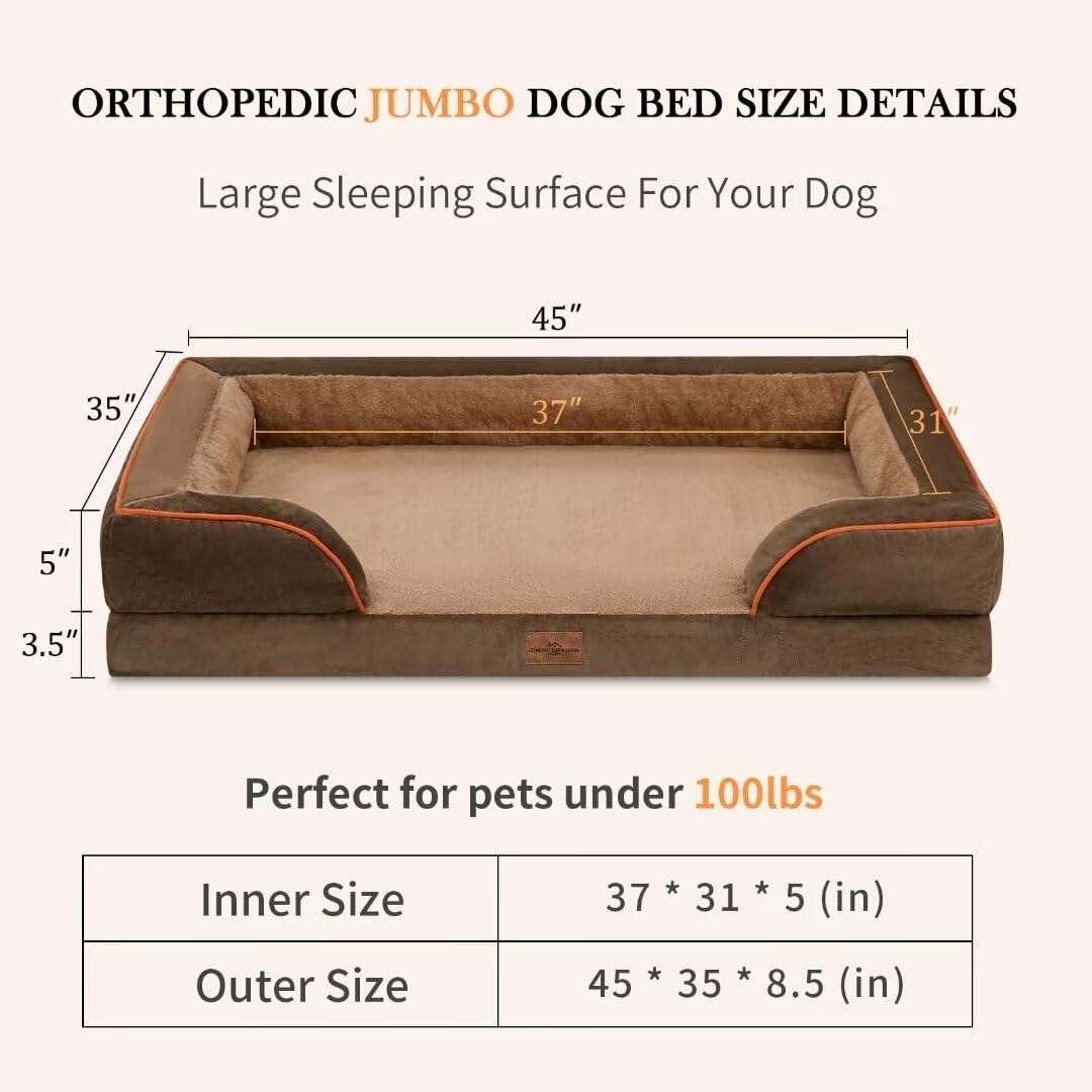 Cooling Dog Bed Memory Foam, Jumbo Dog Bed For Extra Large Dogs, Orthopedic Jumbo Breed Dog Bed, Waterproof Dog Bed With Bolster & Removable Cover(Jumbo,Khaki Brown)