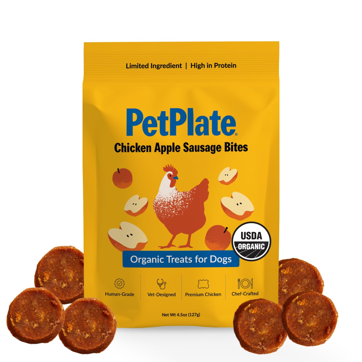 PetPlate Chicken Apple Sausage Bites, Human Grade Dog Treats, All Life Stages, Grain-Free, Organic and Real Ingredients, High Pr