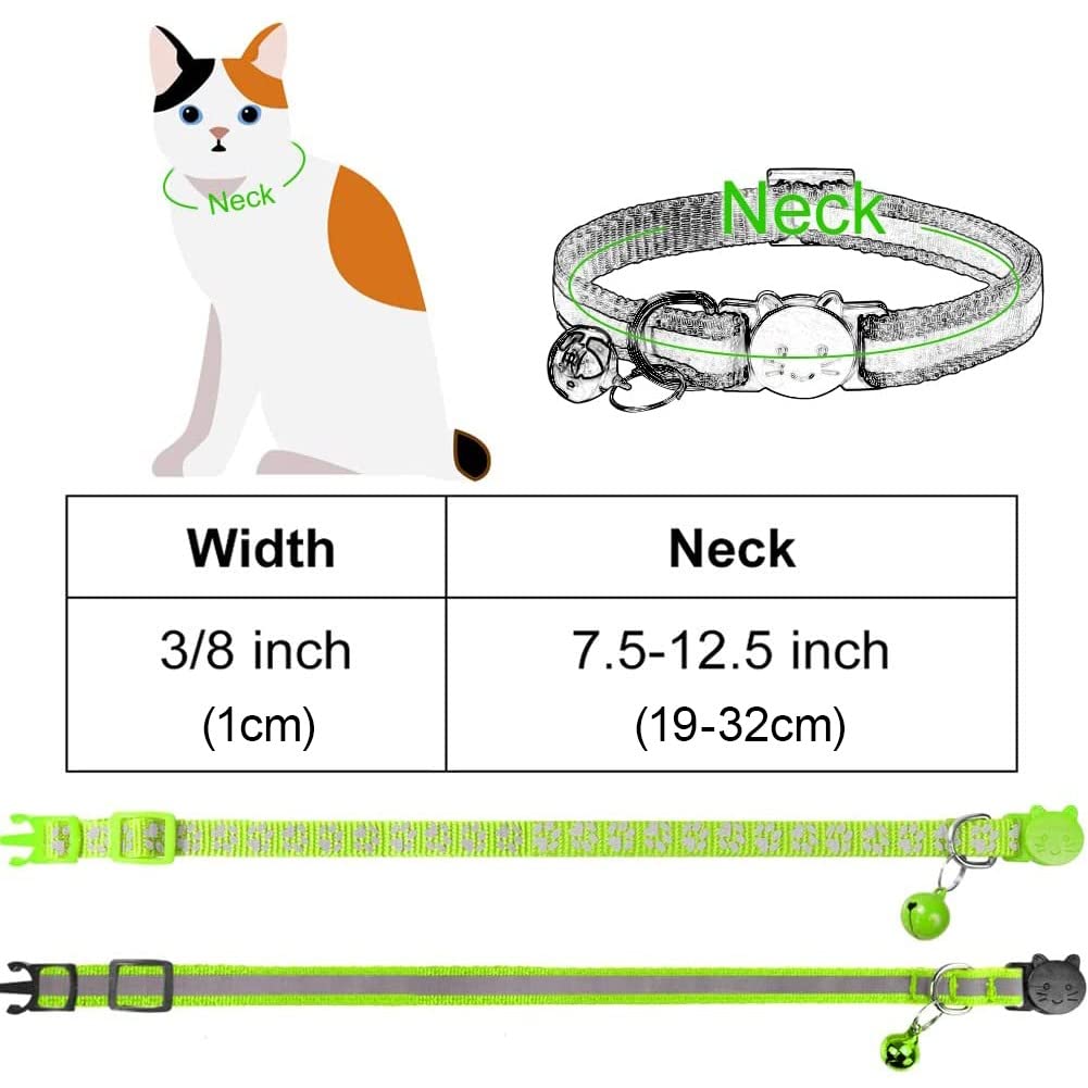 Taglory Reflective Cat Collars Breakaway With Bell, 2-Pack Girl Boy Pet Kitten Collar Adjustable 7.5-12.5 Inch, Green