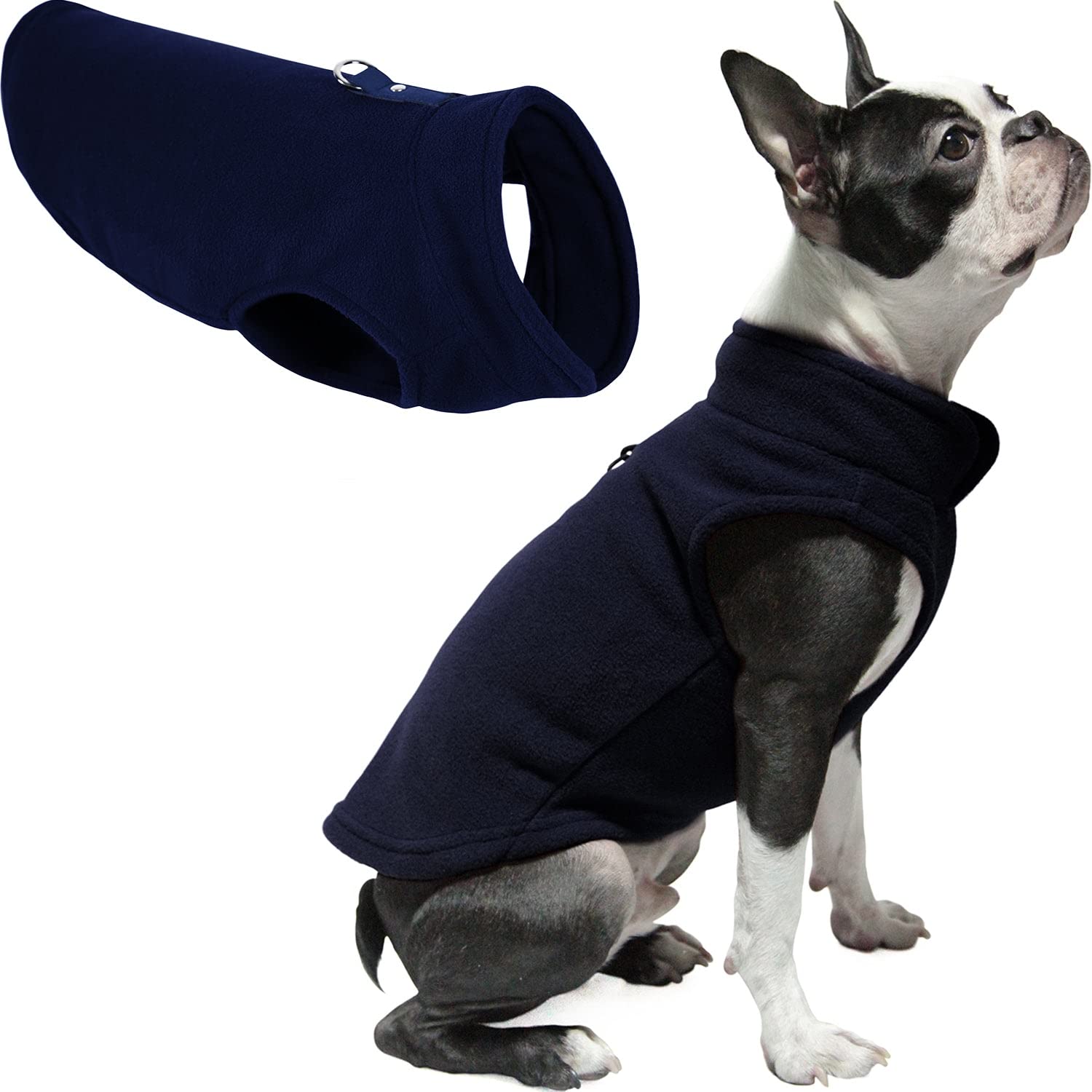 Gooby Fleece Vest Dog Sweater - Navy, Medium - Warm Pullover Fleece Dog Jacket with O-Ring Leash - Winter Small Dog Sweater Coat