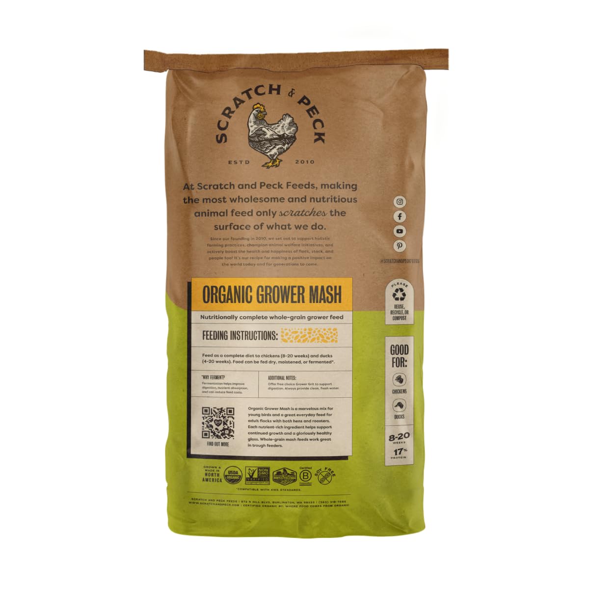 Scratch and Peck Whole Grain Grower Mash Chicken and Duck Feed - 25 lbs Bag - Corn-Free and Soy-Free - 17% Protein, Certified Or