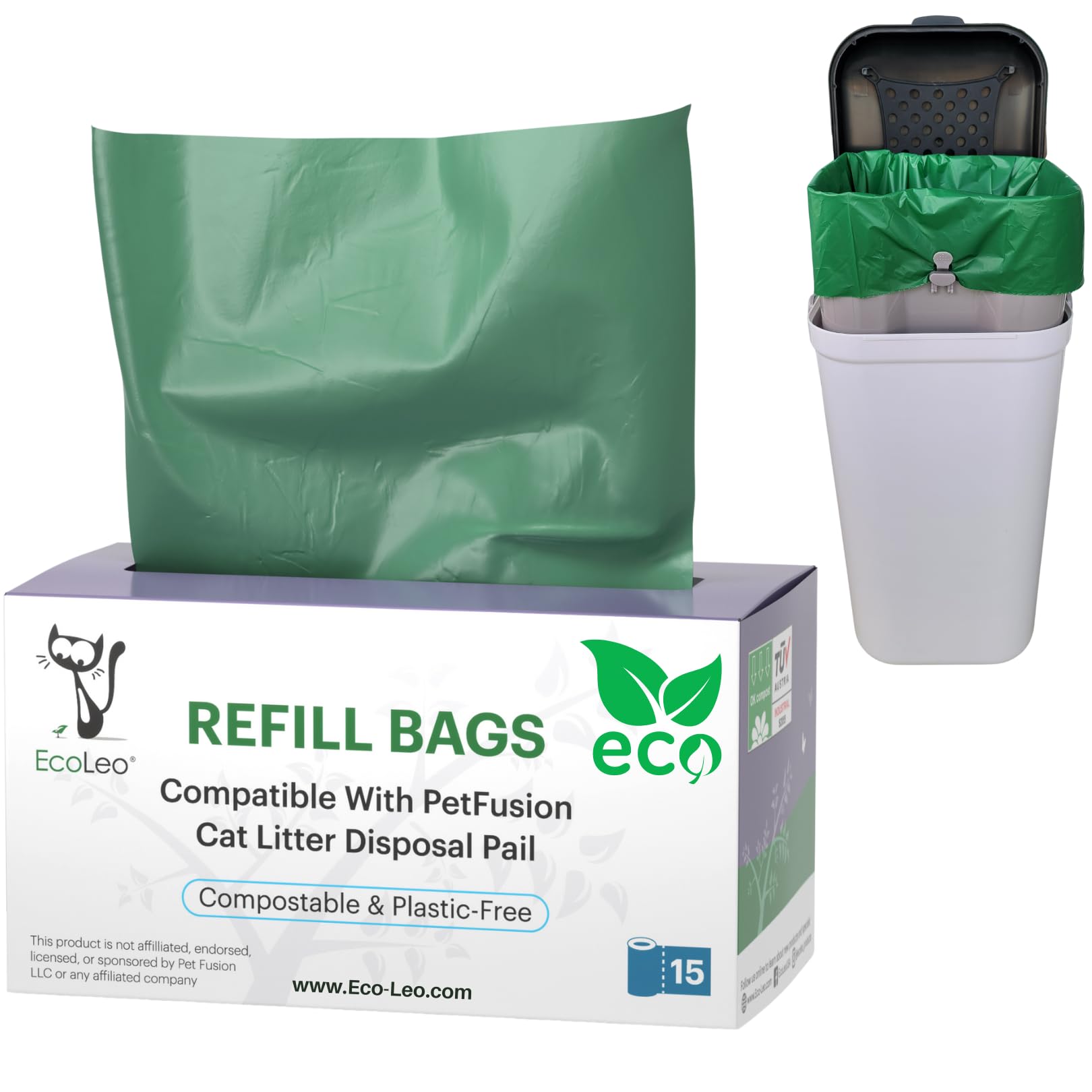 Dog Waste Station/Cat Litter Pail Bags, Petfusion Compatible, Certified Compostable, Plant-Derived, Long & Durable, Replacement 