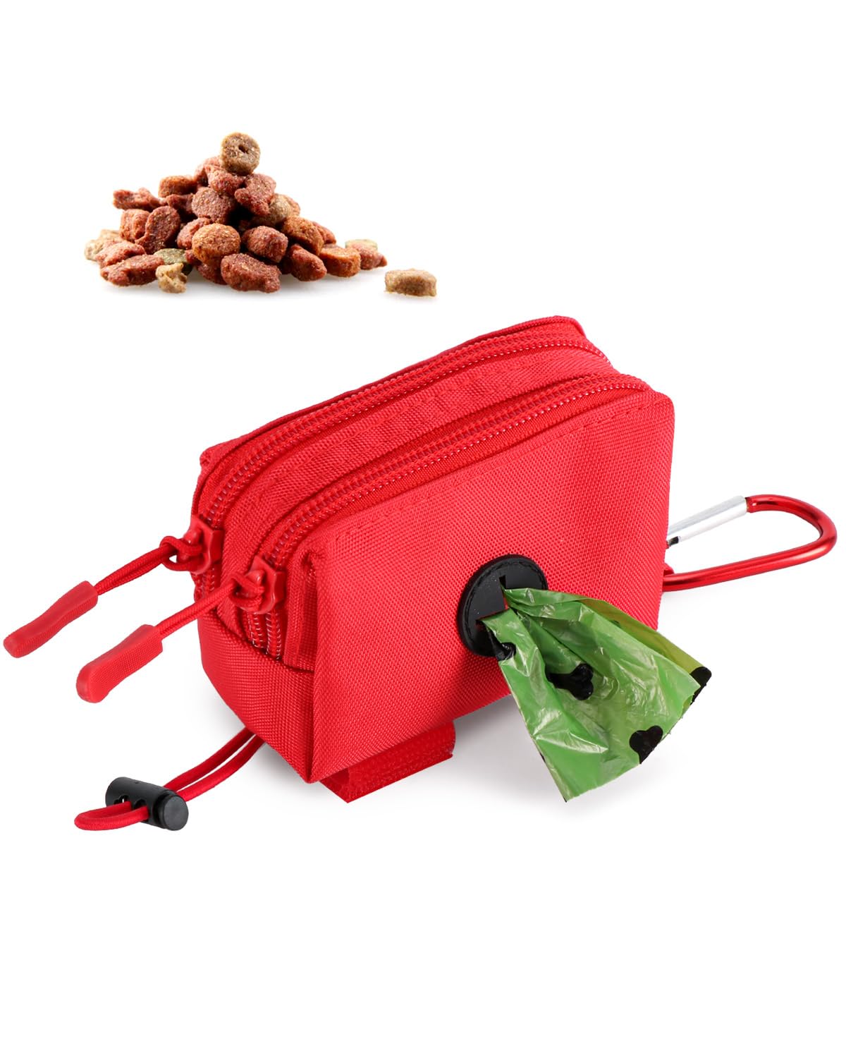 Dog Poop Bag Holder for Leashes, Red Doggie Waste Bag Dispenser and Treat Holder, with Carabiner Hook and Poop Bag Clip, Used Wa