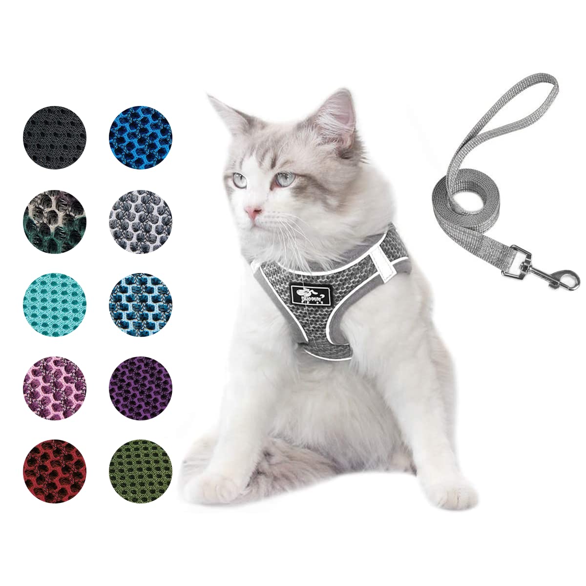 Dog And Cat Universal Harness With Leash - Cat Harness Escape Proof - Adjustable Reflective Step In Dog Harness For Small Dogs Medium Dogs - Soft Mesh Comfort Fit No Pull No Choke, Grey, L