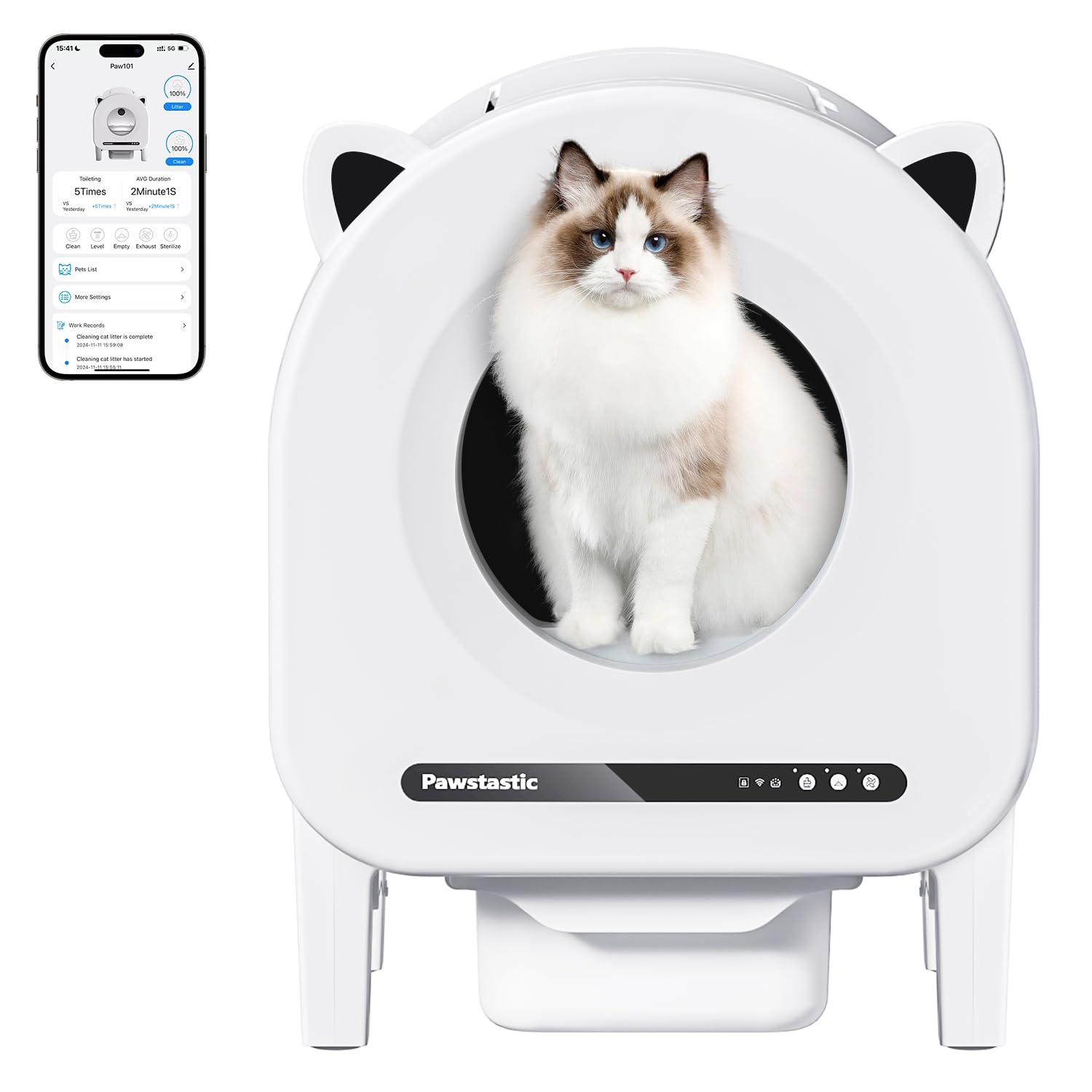 Pawstastic Self Cleaning Litter Box, 68 L Automatic Cat Litter Box for Multiple Cats, Robot with Dual Safety Protection, APP Con