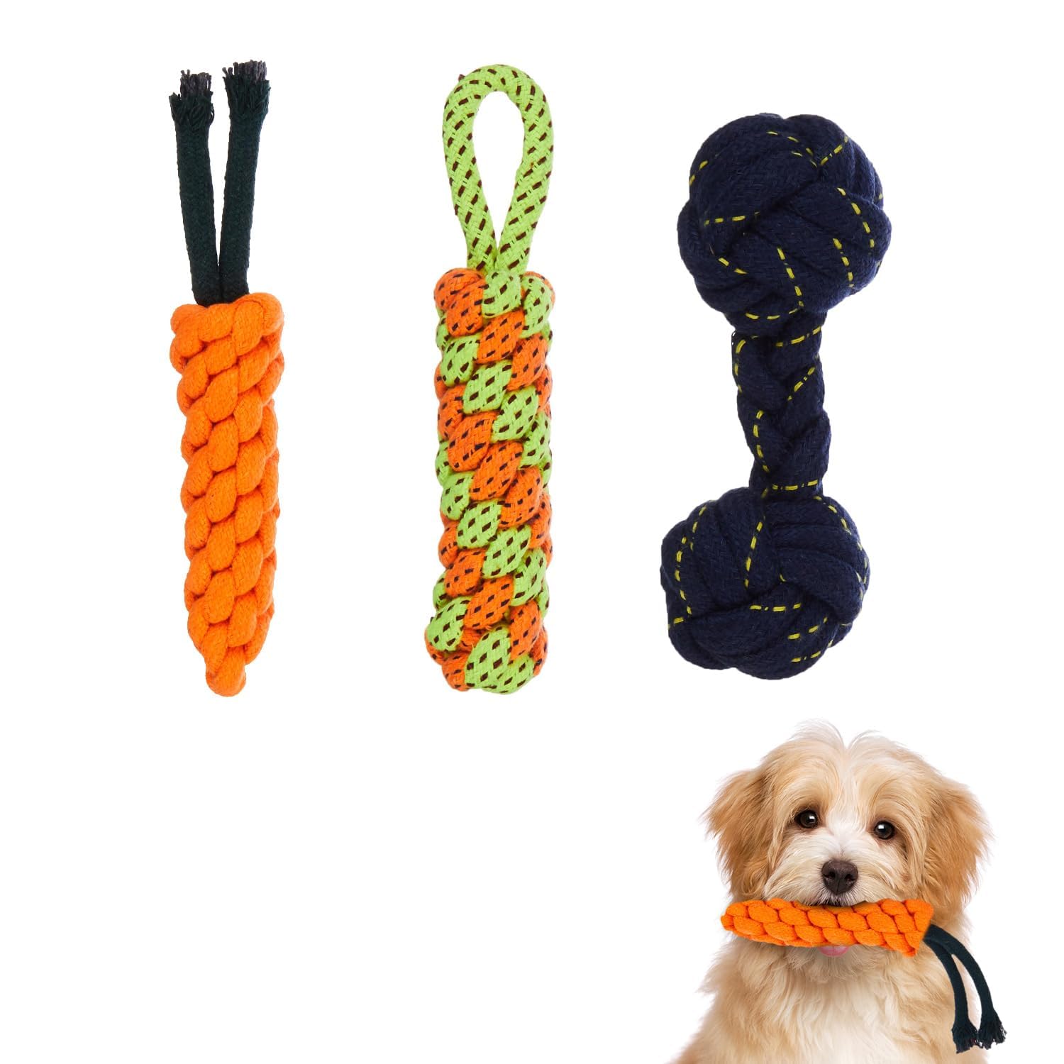 Psk Pet Mart Durable Combo Pack Of Carrot Rope Toy, Dumbbell Rope Toy And Long Knotted Rope Toy Ideal For Chewing And Playing Do