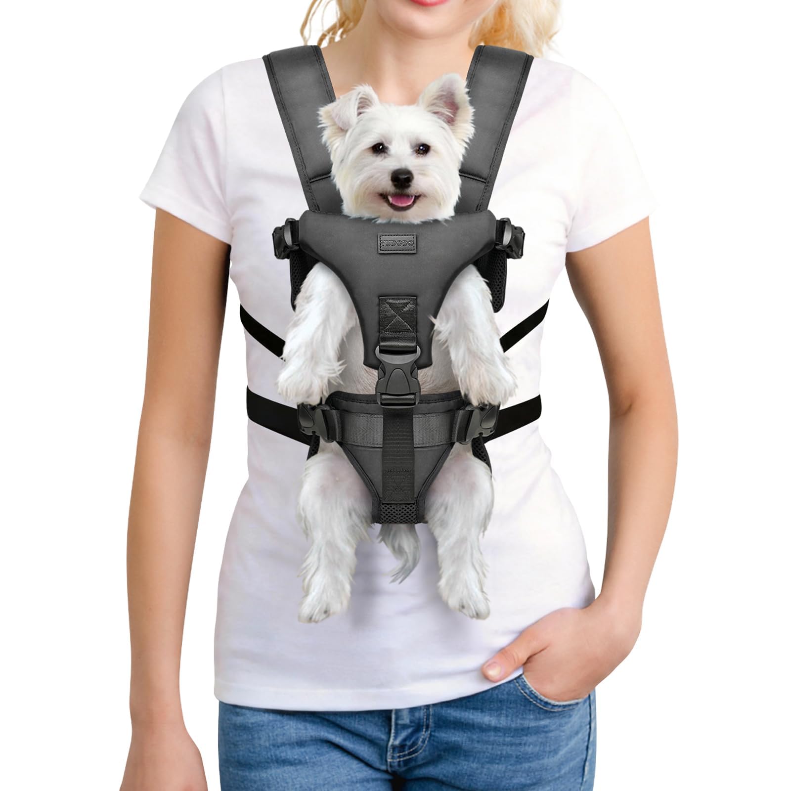 YUDODO Front Pet Carrier Backpack for Small Dogs, Secure and Breathable Mesh Travel Dog Carrier with Safety Belt, Ergonomic Supp