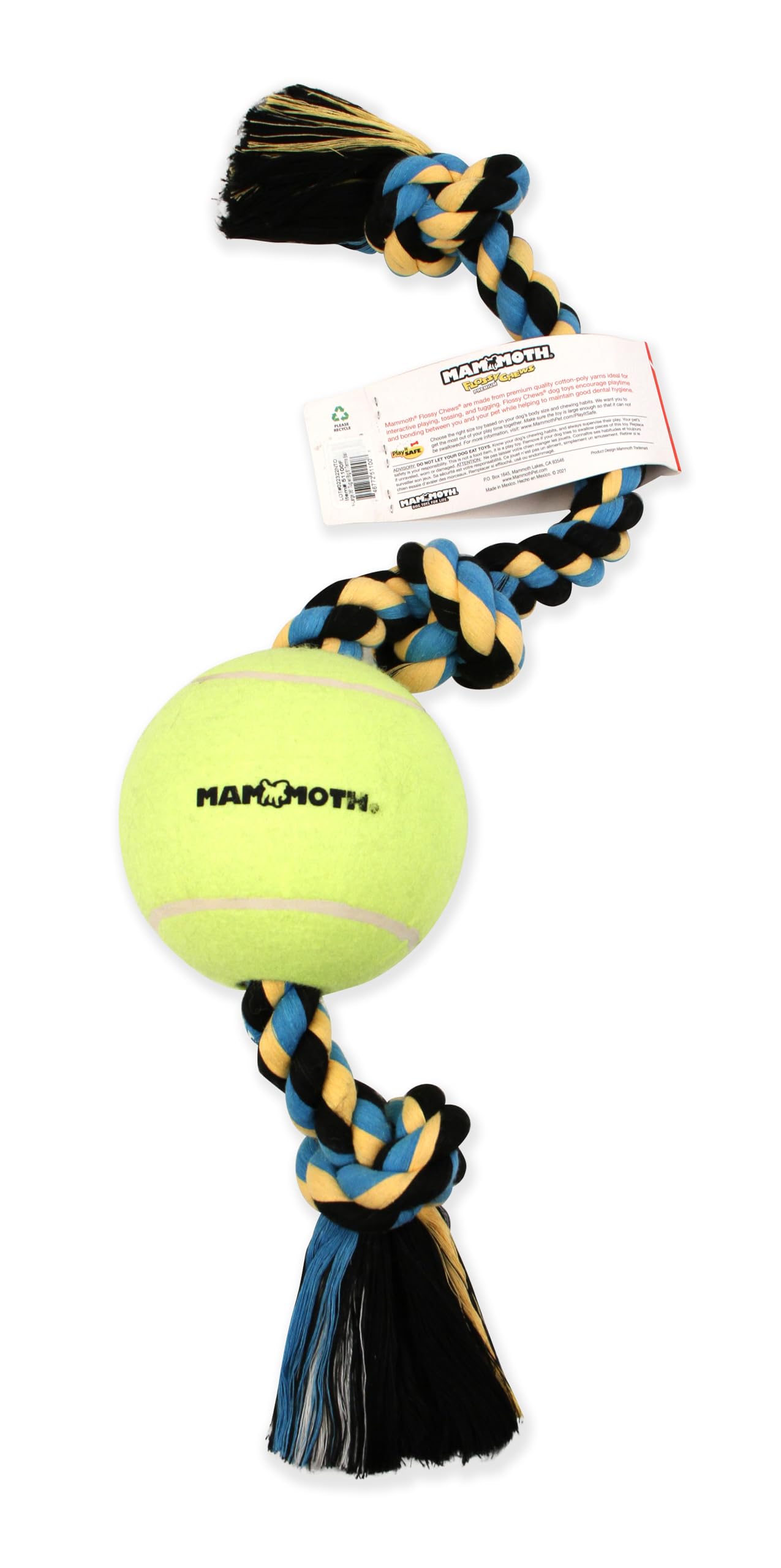 Mammoth Flossy Chews Tug With Big 6-Inch Tennis Ball, X-Large, 36-Inch, Assorted Multicolor (51100F)