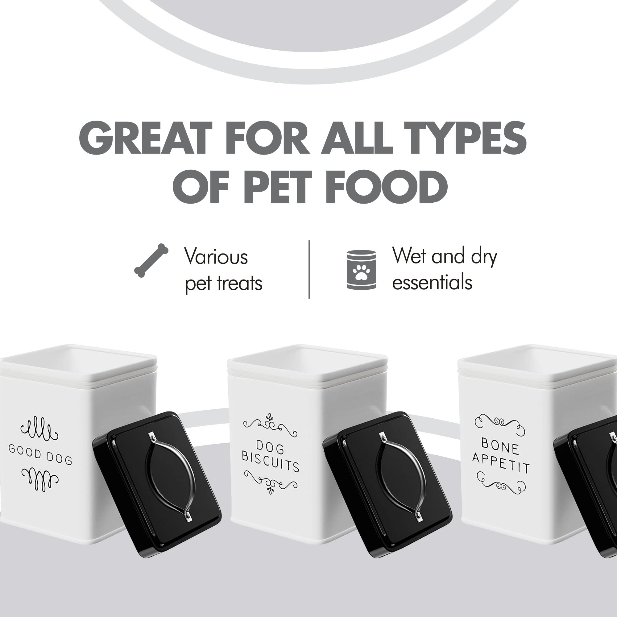 Amici Home Pet Treat Storage Collection, Metal Storage White Canister, 36 Fluid Ounce Capacity, Black Push Top Lid - Set of 3
