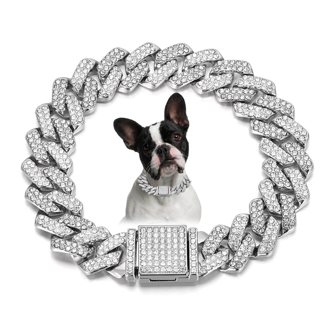 Silver Chain Dog Collar For Large Dogs, Bling Diamond Cuban Link Dog Collars Glitter Rhinestone Dog Necklace For Small Medium La
