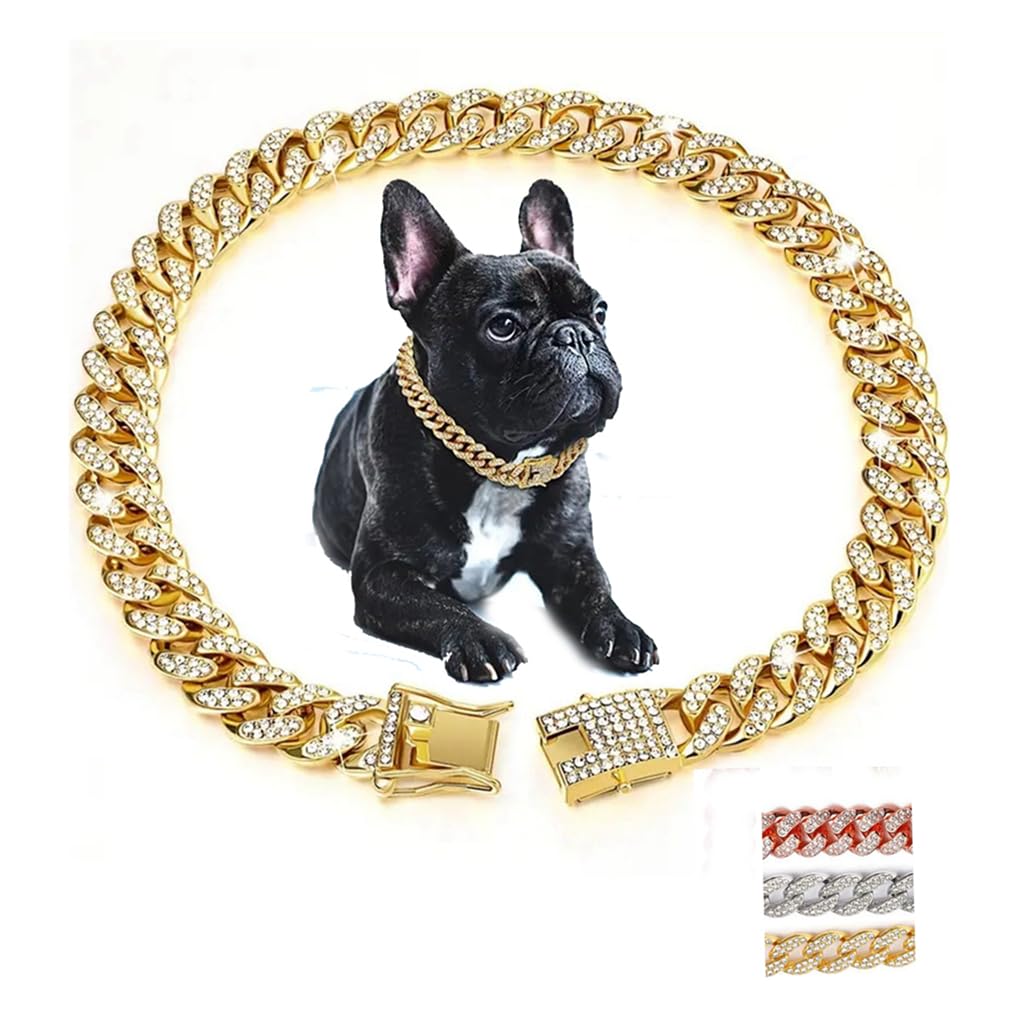 Gold Dog Necklace Collar, Dog Chain Collars, Diamond Metal Bling Choke Cuban Link Dog Collar, 13Mm Wide Pet Jewelry For Puppy Sm