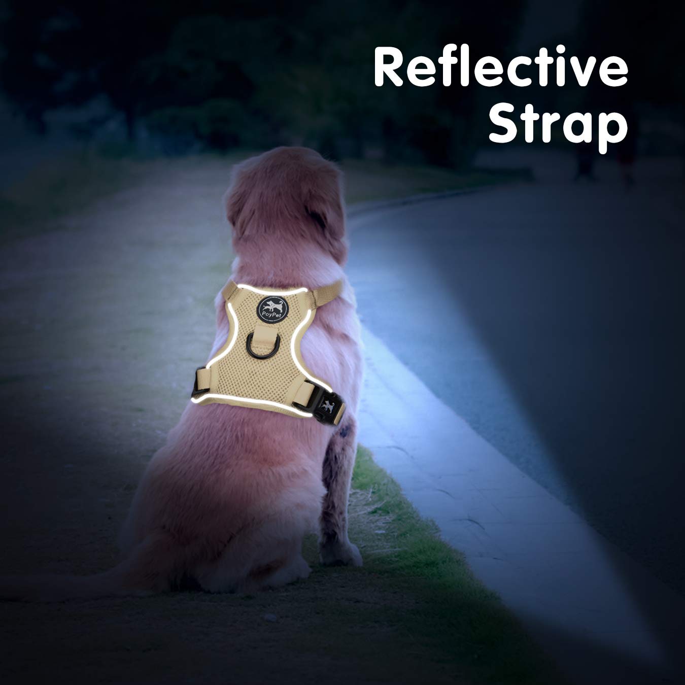 Poypet Reflective Soft Breathable Mesh Dog Harness Choke-Free Double Padded Vest With Adjustable Neck And Chest(Khaki,L)