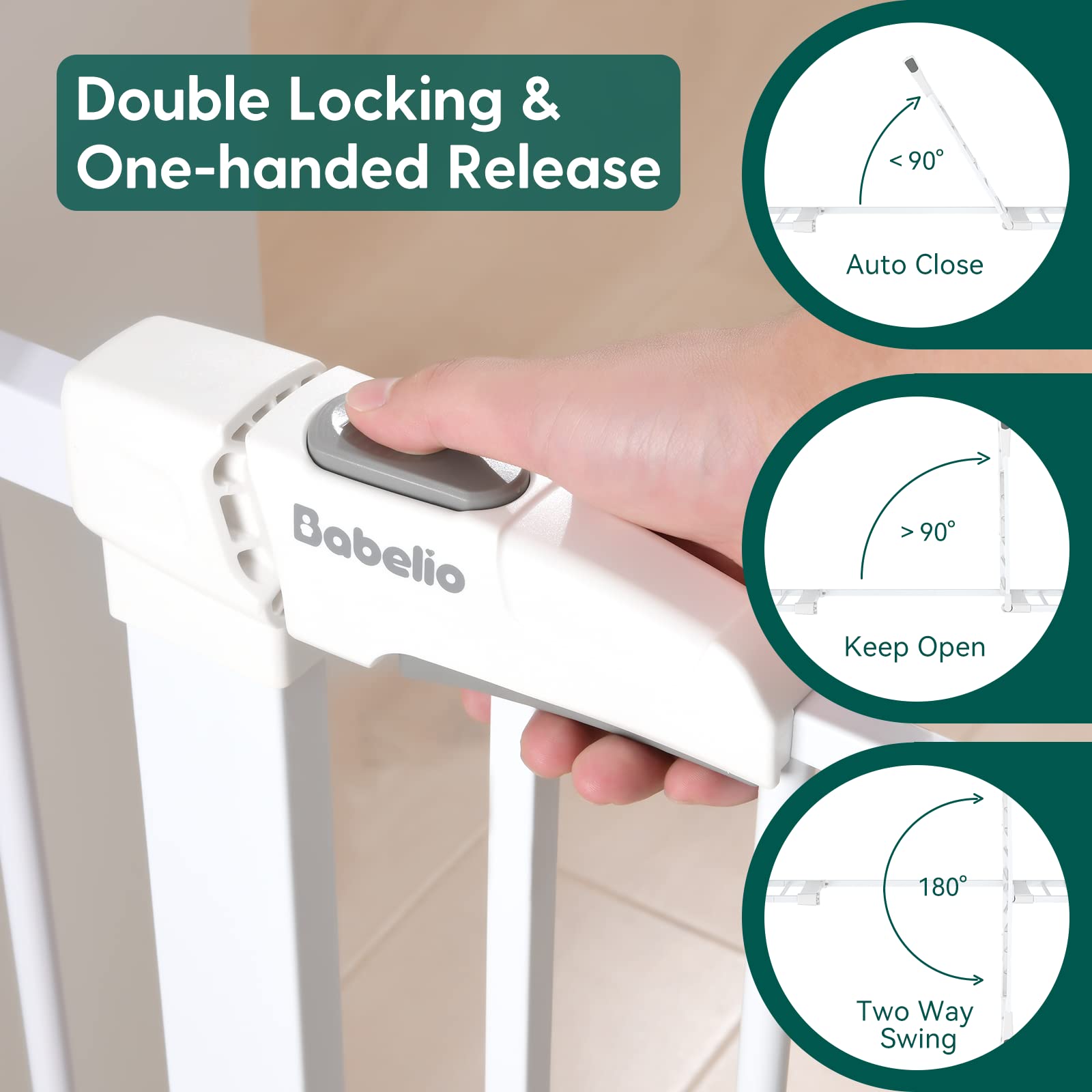 Babelio Baby Gate, 29-48 Inch Auto Close Pet Gate PressGuard P7, Easy Install Pressure-Mounted Safety Gate, Extra Wide Pet Gate