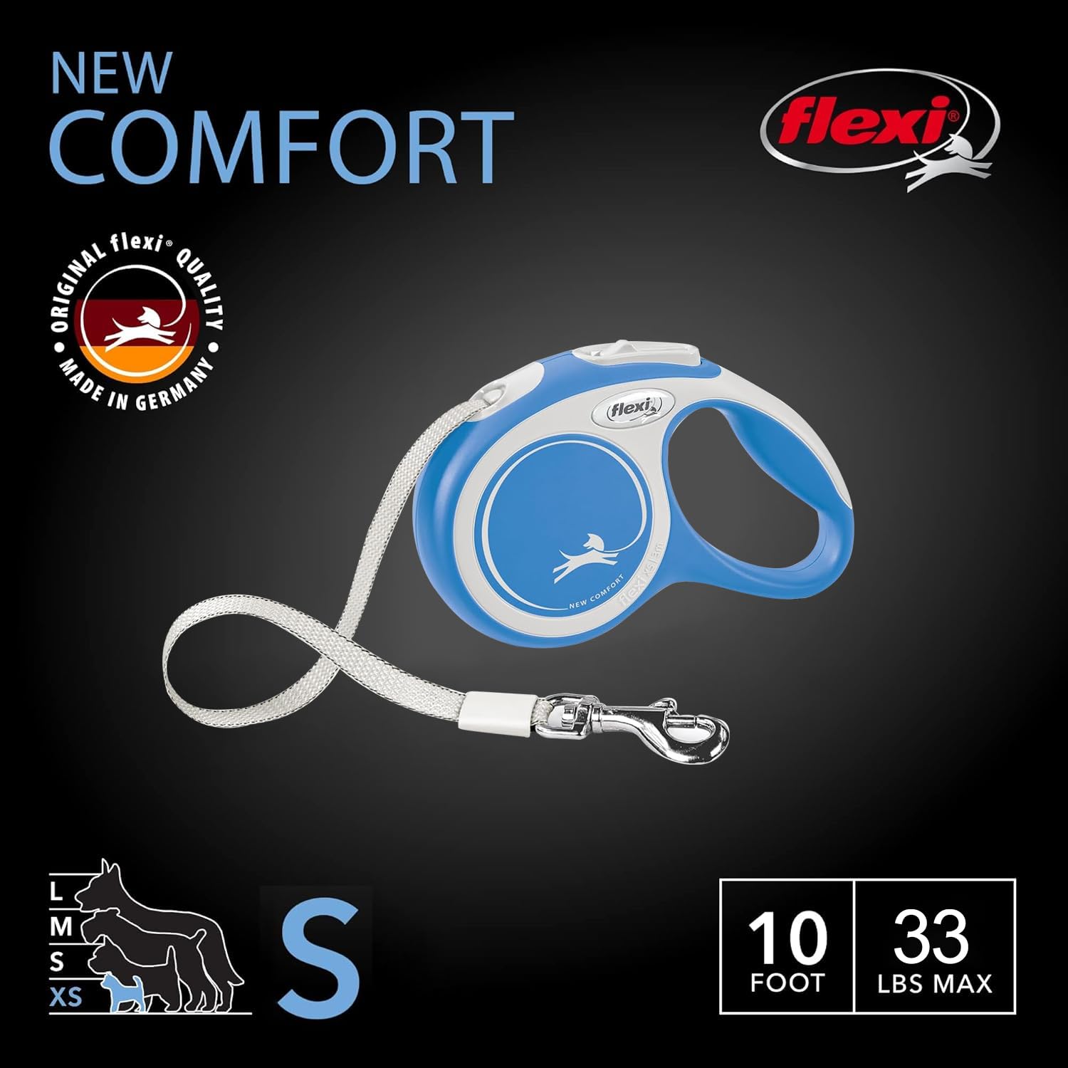 Flexi New Comfort Tape Retractable Dog Leashes For Small Dogs Upto 33 Lbs. - 16 Ft., Blue | Tangle Free Pet Walking Leash With O