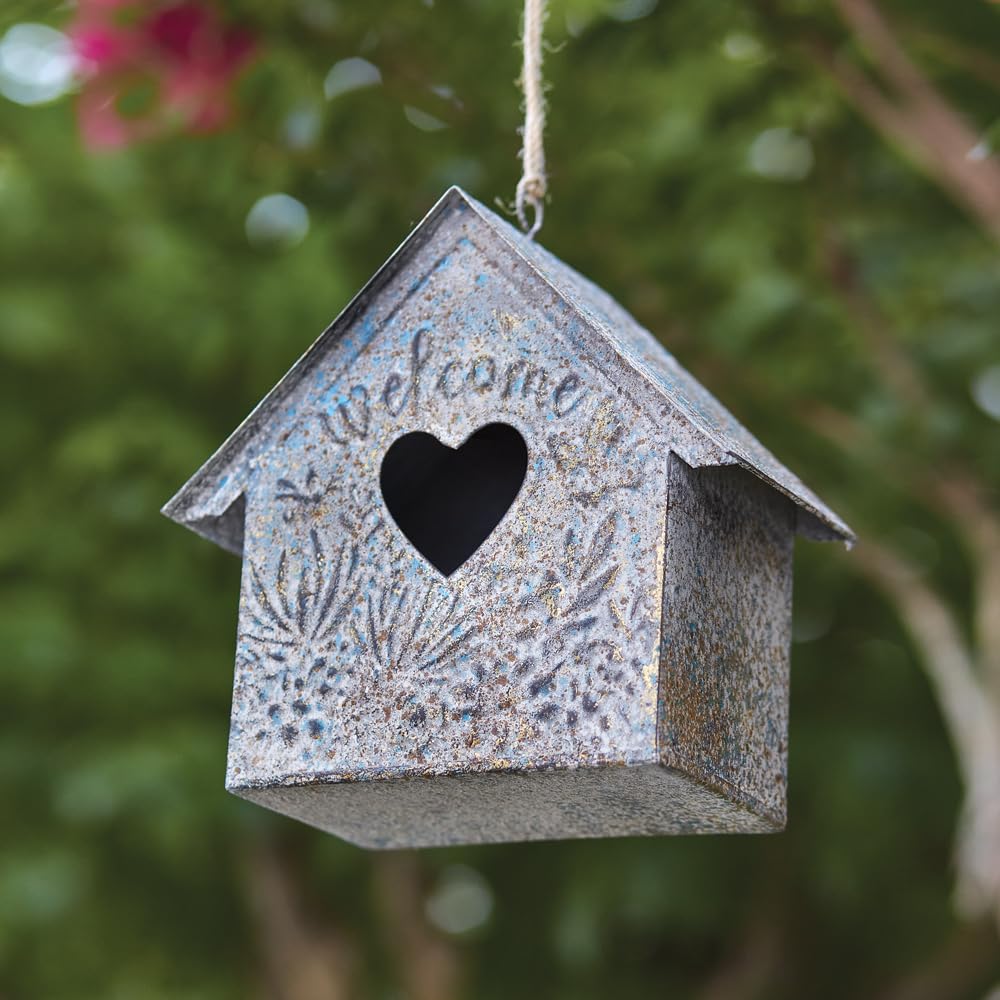 Colonial Tin Works Metal Farmhouse Denim Heart Birdhouse, 8-inch Square, Home Decoration