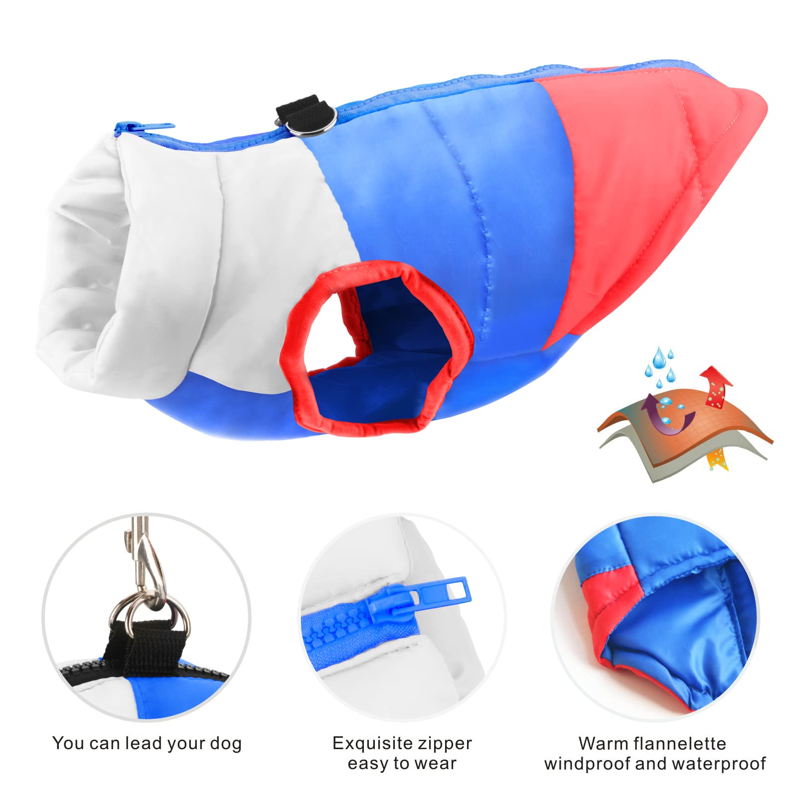 Idepet Pet Dog Cat Coat With Leash Anchor Color Patchwork Padded Puppy Vest Jacket Teddy Chihuahua Costumes Pug Cloth Xs S M L (X-Large, Red)