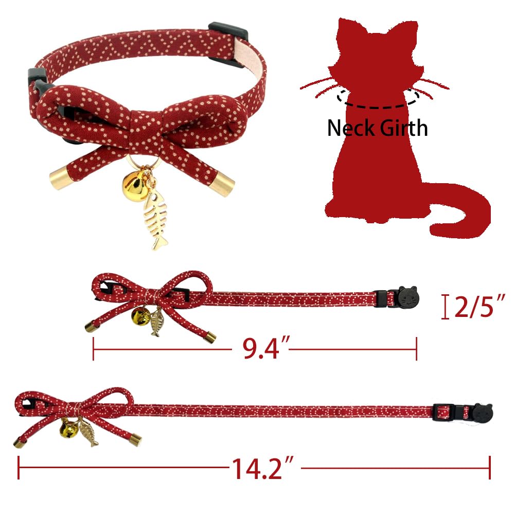 Cute Bowtie Cat Collar With Bell. Japanese Stylish Bowknot & Fish Charm. Safety Breakaway, Soft, Lightweight, For Girl Boy Male