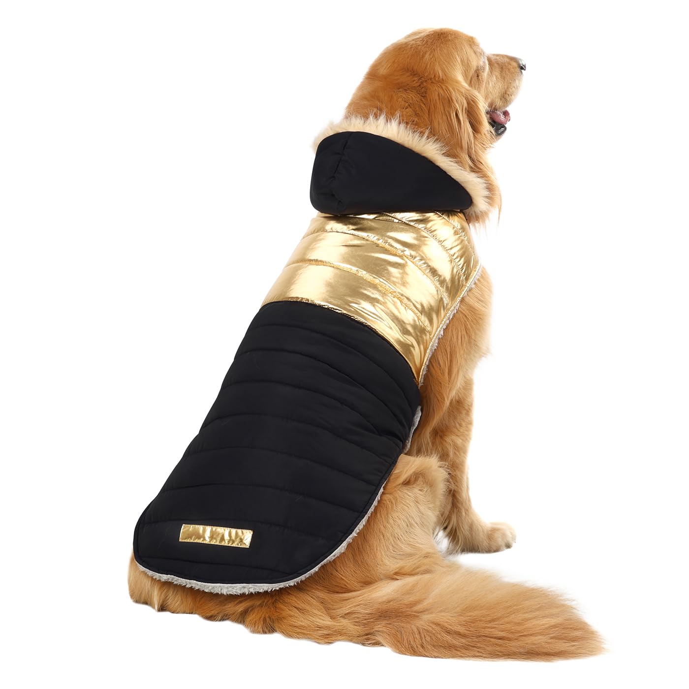 Hde Dog Puffer Jacket Fleece Lined Warm Dog Parka Winter Coat With Harness Hole 90S Black And Gold Metallic - L