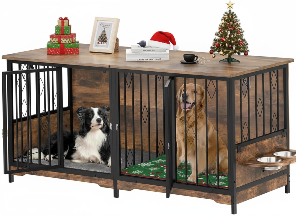 YITAHOME 71 Large Dog Crate Furniture with Divider, Wooden Double Dog Kennel with Flip-Top&4 Rotatable Bowls&2 Cushions, Dog Cra