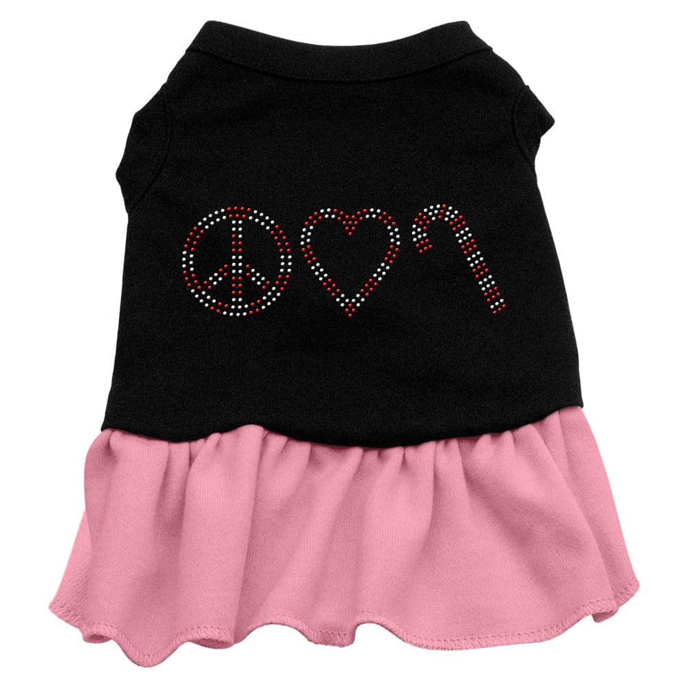 Christmas Pet Dog and Cat Dress Rhinestone, &quot;Peace, Love & Candy Canes&quot; Black W/Light Pink XS (0-3 lbs.)