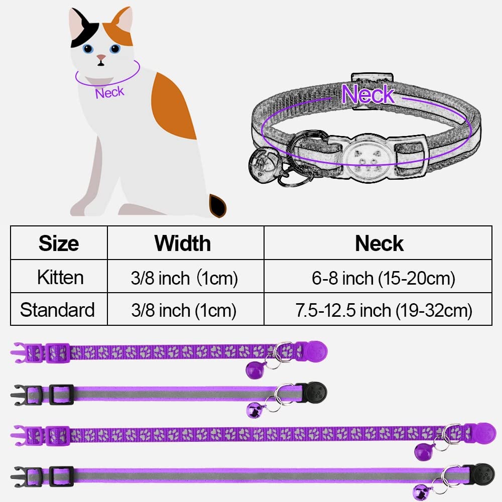 Taglory Reflective Cat Collars Breakaway With Bell, 2 Pack Girl Boy Pet Kitten Collar Adjustable 6-8 Inch, Purple