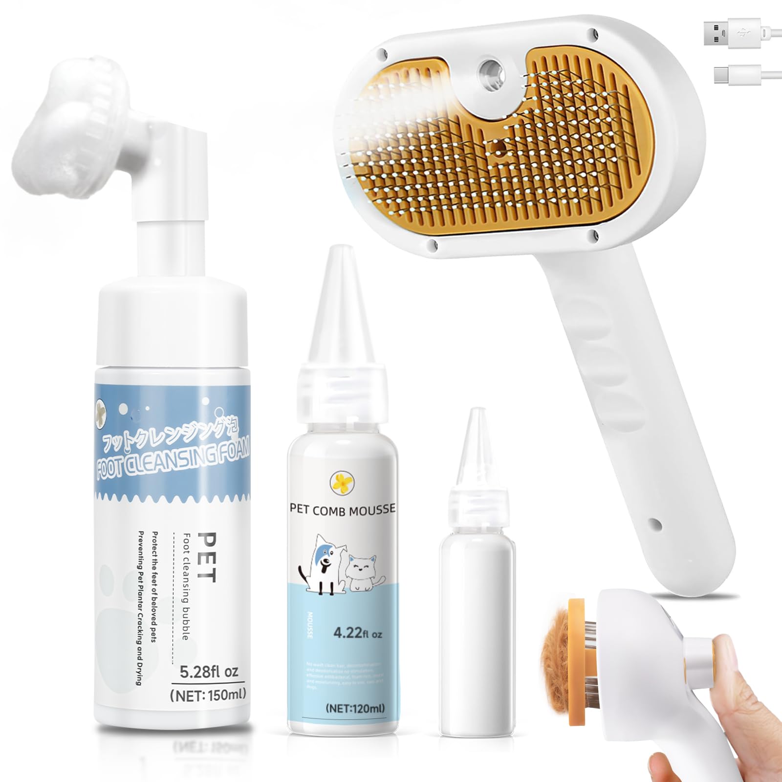Pet Steam Brush For Dogs & Cats With Paw Cleaner & Shampoo - 3-In-1 Grooming Spray Comb, Mist Massage & Defur Function, Water Sp