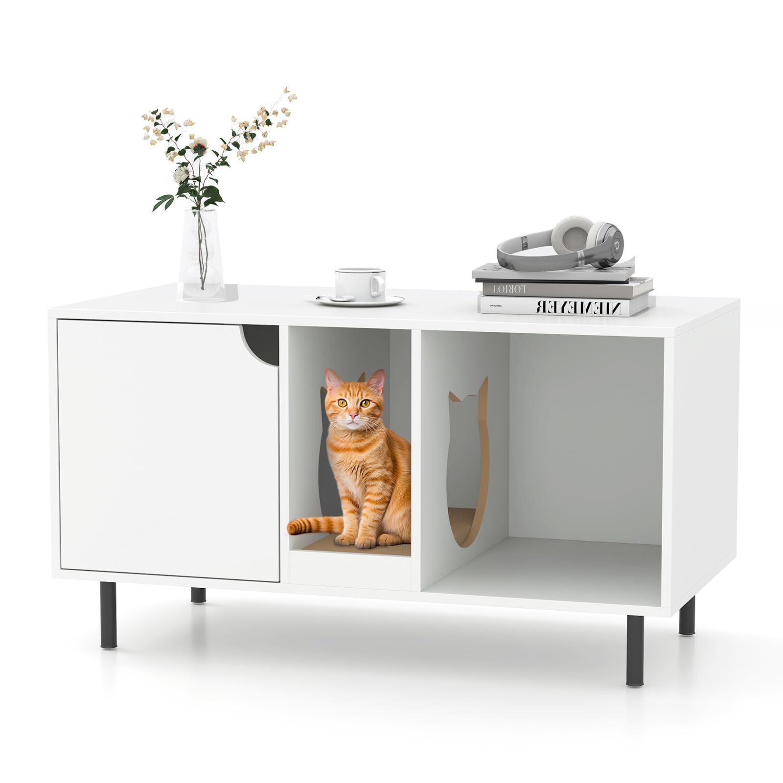 PETSITE Cat Little Box Enclosure, Litter Box Furniture with Removable Scratcher, Metal Legs, Cat Box Enclosure End Side Table, H