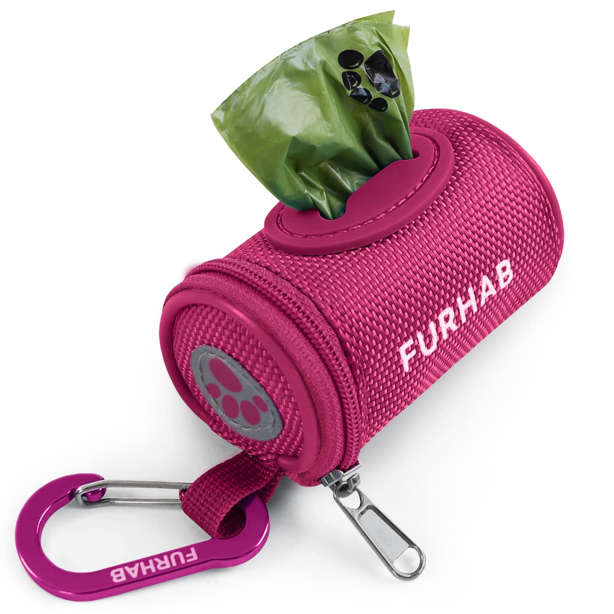 Furhab Dog Poop Bag Holder For Leash Doggie Waste Bag Dispenser Soft Fabric Puppy Potty Carrier Small Doggy Zipper Pouch With Carabiner Clip 1680D Nylon Oxford With 1 Roll Of Pet Trash Bags, Rose Red