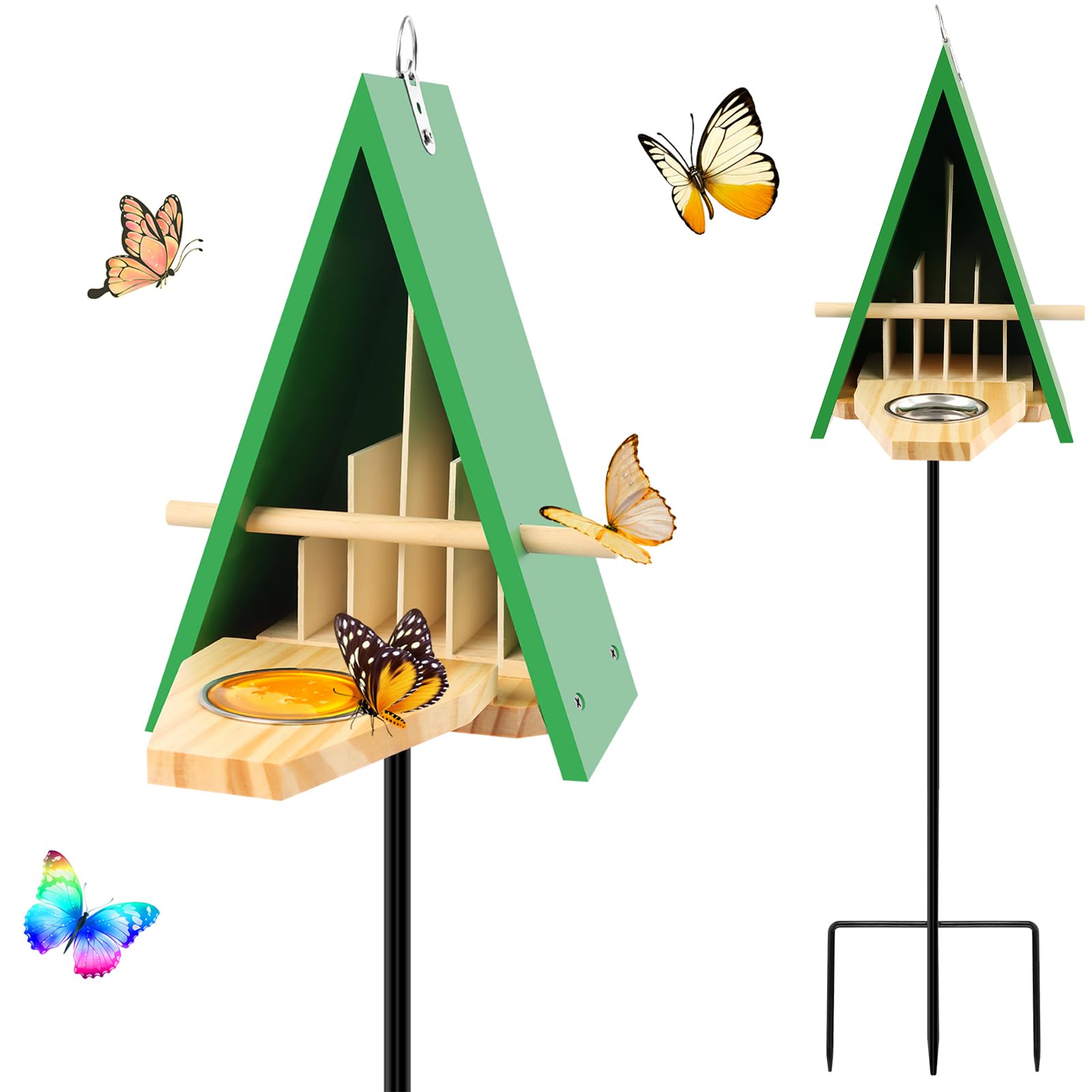 2024 New Butterfly House and Feeder for Outside, Wooden Butterfly House with Metal Stake for Garden, Natural Butterfly Habitat w
