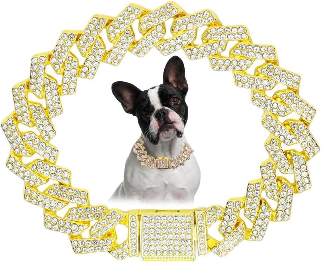Pimaodog Chain Collar For Small Dogs, Diamond Necklace Rhinestone Bling Glitter Metal Choke Cuban Link Dog Collar, Crystal Colla