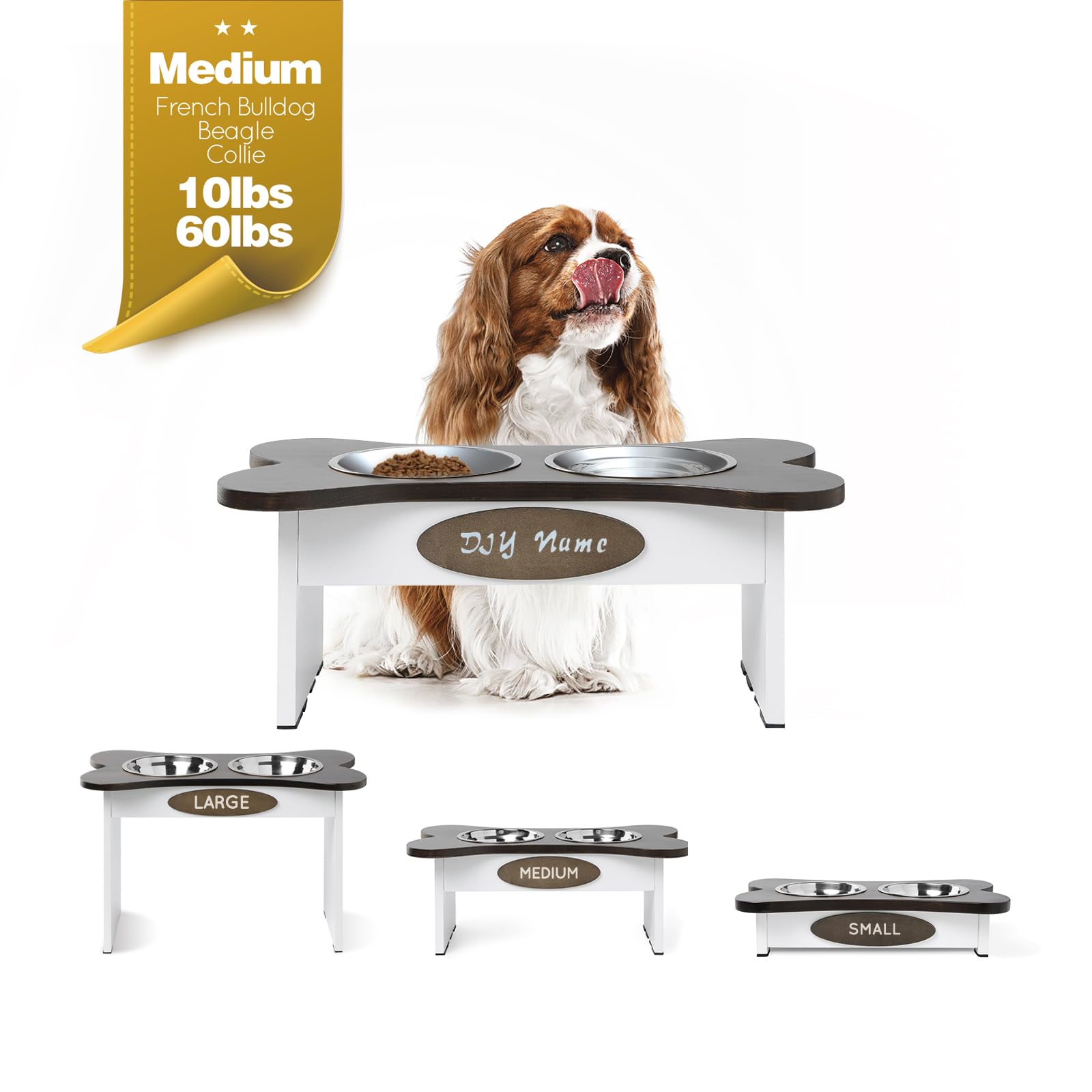 Hq4Us 4Legs Elevated Dog Bowls For Large Dogs, Diy Dog Name Farmhouse Medium Stand, Wood Raised Stand With 2 Stainless Steel Bow