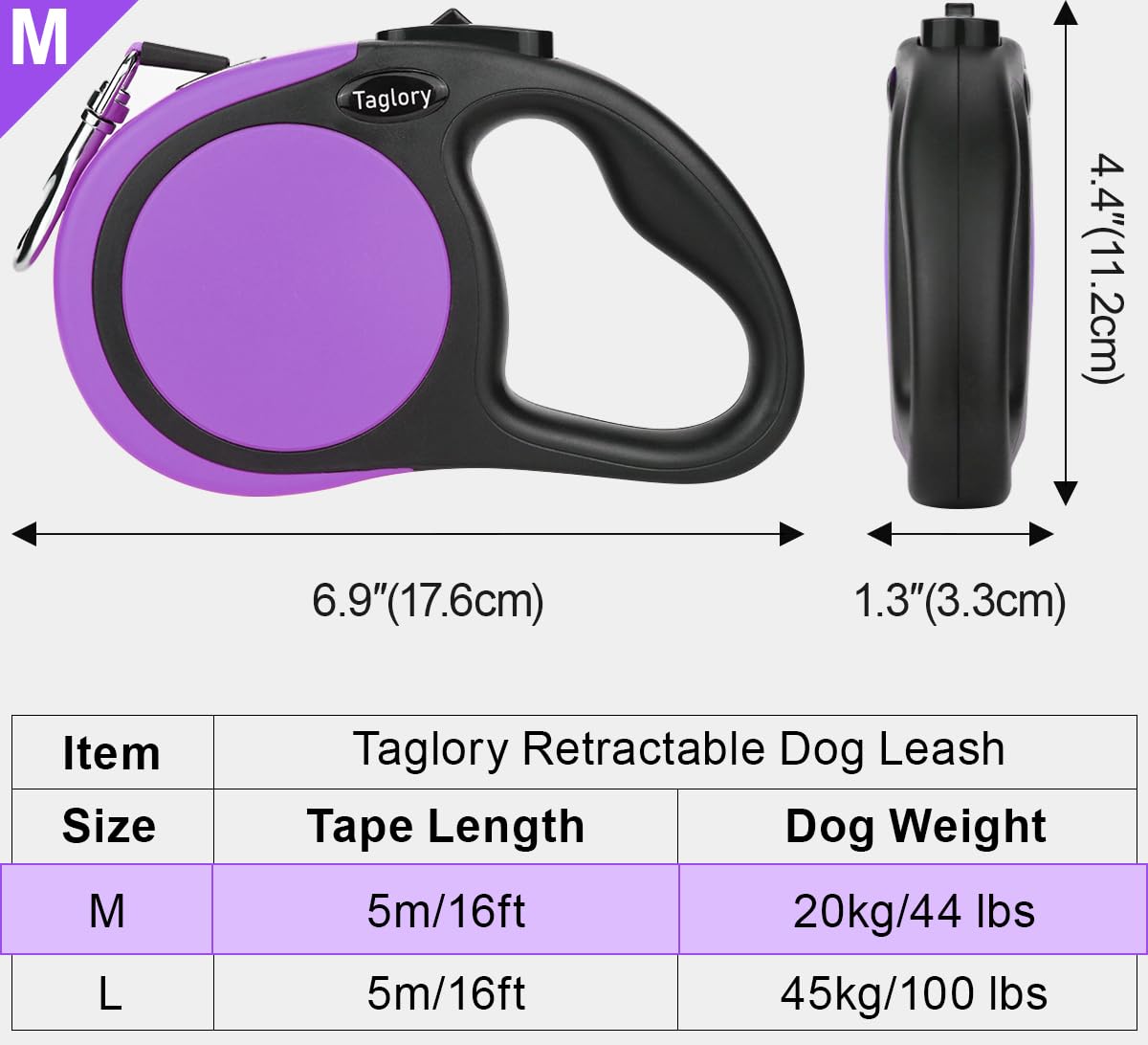 Taglory Retractable Dog Leash, 16Ft No Tangle Dog Leash Retractable For Puppy Small Medium Dogs Up To 45 Lbs, One-Handed Brake,