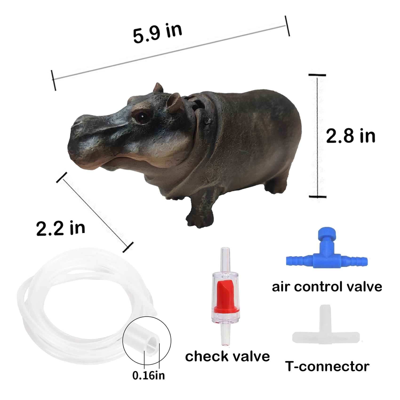 Flitsvuur Fish Tank Bubbler Decorations Aquarium Ornament Kit with Air Stone Pump - Hippo Aquarium Decor (9.8ft Tube)