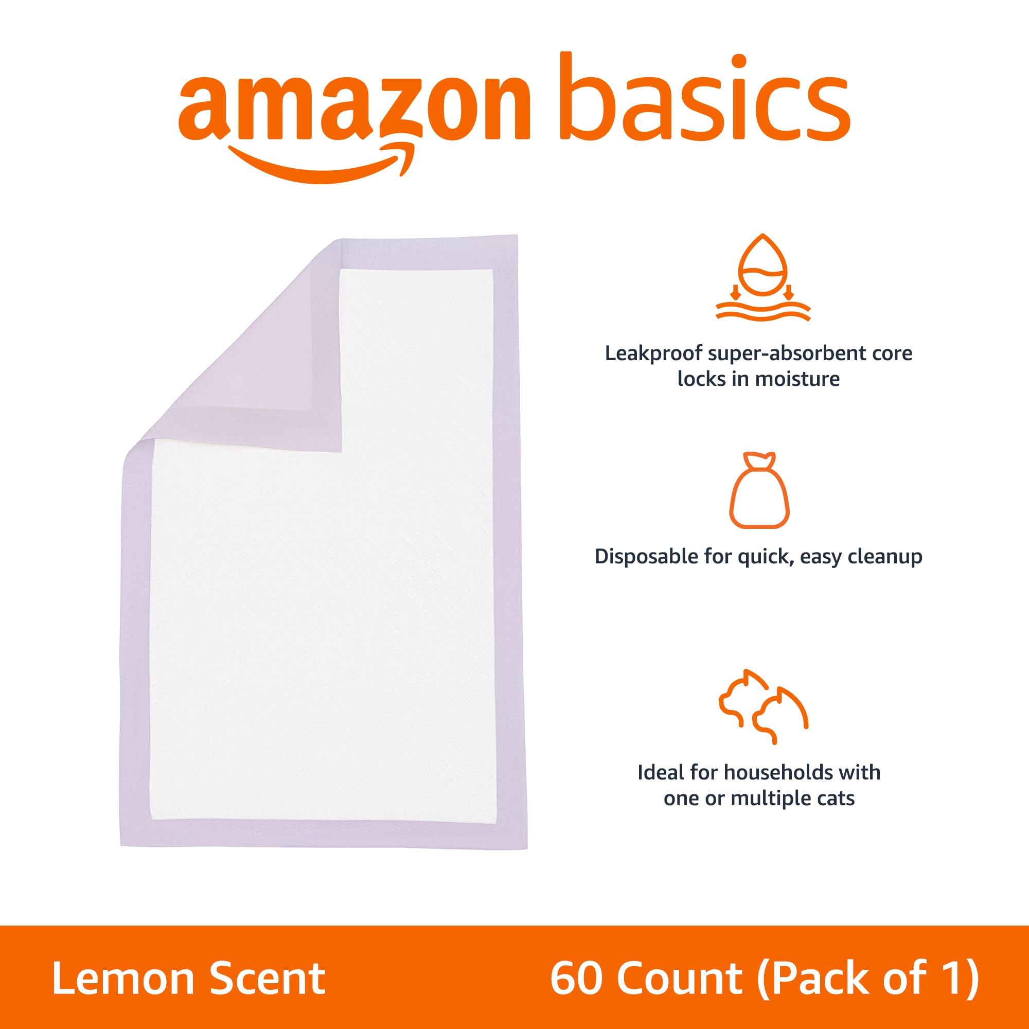 Amazon Basics Cat Pee Pads, 60 Count, Universal Fit For Litter Box, Odor Control With Lemon Scent, White/Purple