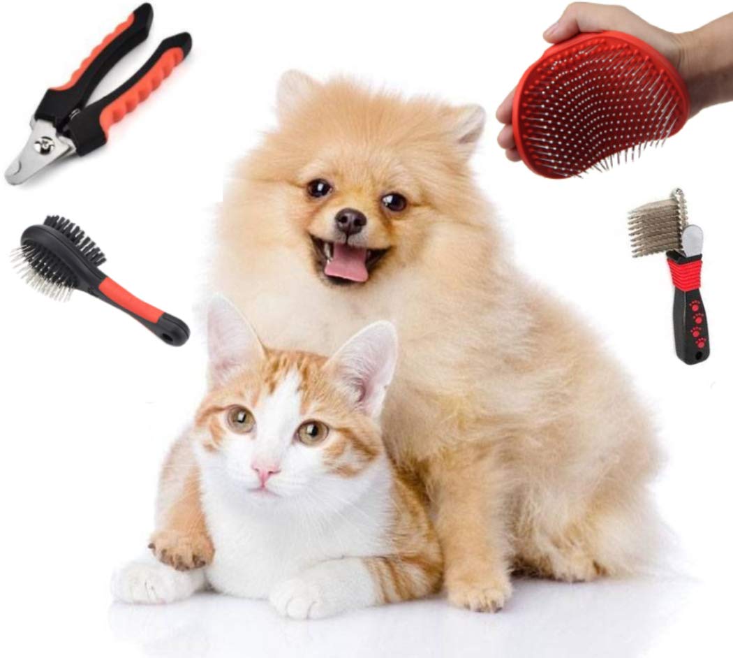 Dog Brush Kit (4 Pieces) - For Shedding, Undercoat Rake For Dogs, Small Or Large Long And Short Haired Dog, Cat, And Puppy- Safe & Effective Includes Nail Clipper, 2 Brushs, & Dematting.