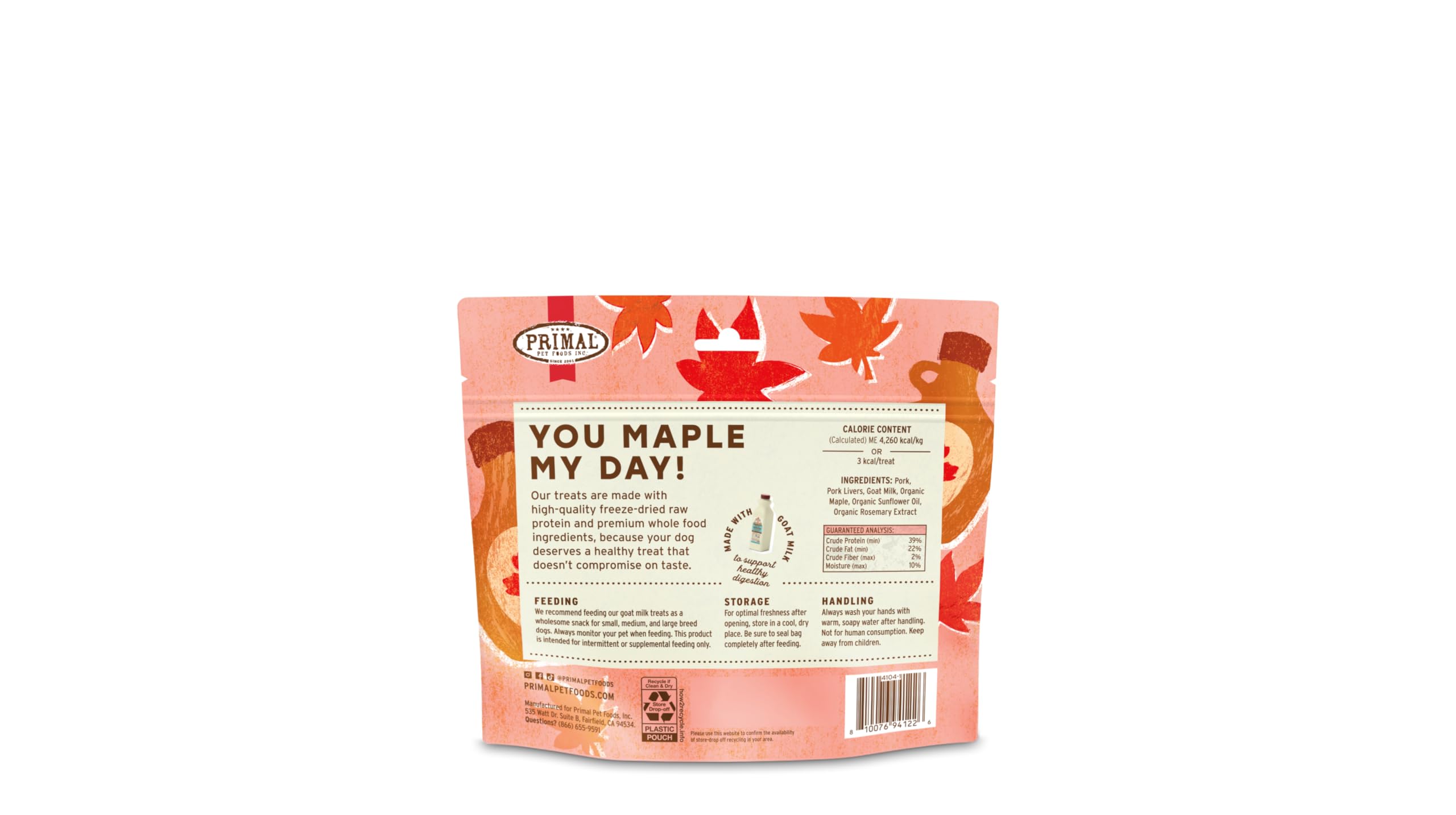 Primal Freeze Dried Dog Treats, You Maple My Day; Pork & Maple with Goat Milk, Grain Free Training Treats for Dogs with Probioti
