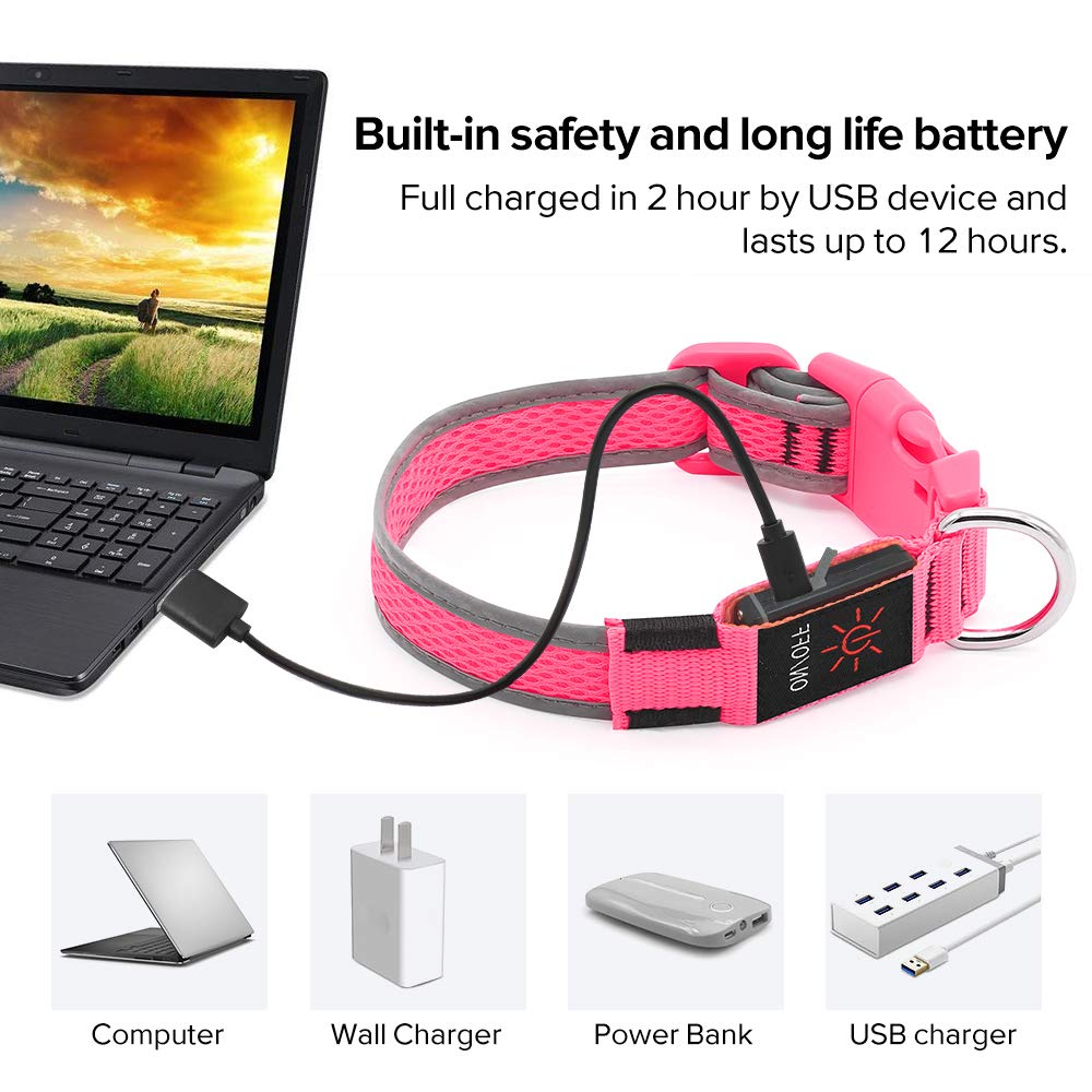 Domagiker Glowing Led Dog Collar - Rechargeable Light Up Dog Collars, Adjustable Lighted Dog Collar, Reflective Dog Glow Collar Walking Lights For Large Dogs (Pink, Large)