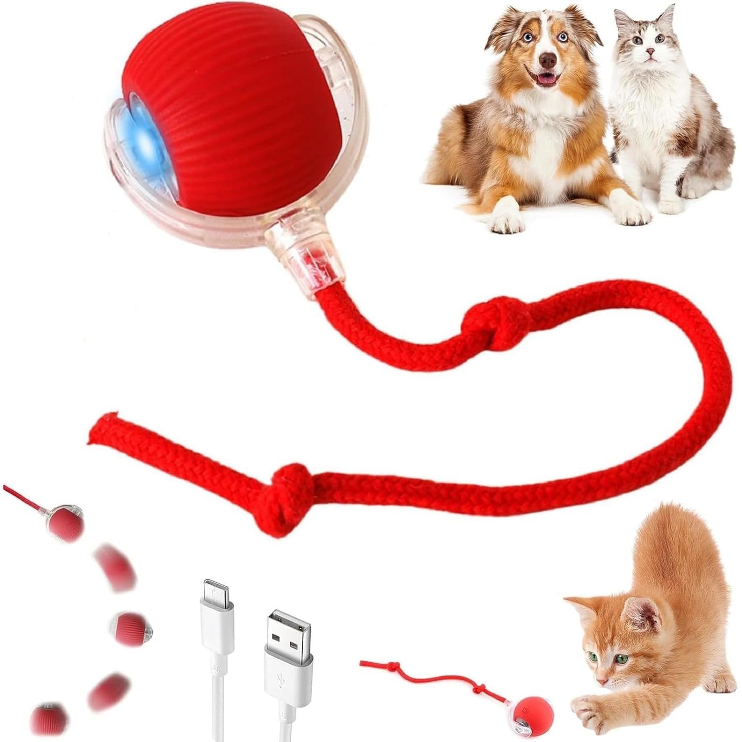 Goaway Automatic Rolling Cat Ball Toy, 3Modes, Teasing Tail & Bell Charm, Interactive Self Play Chasing Silicone Ball Toy For I