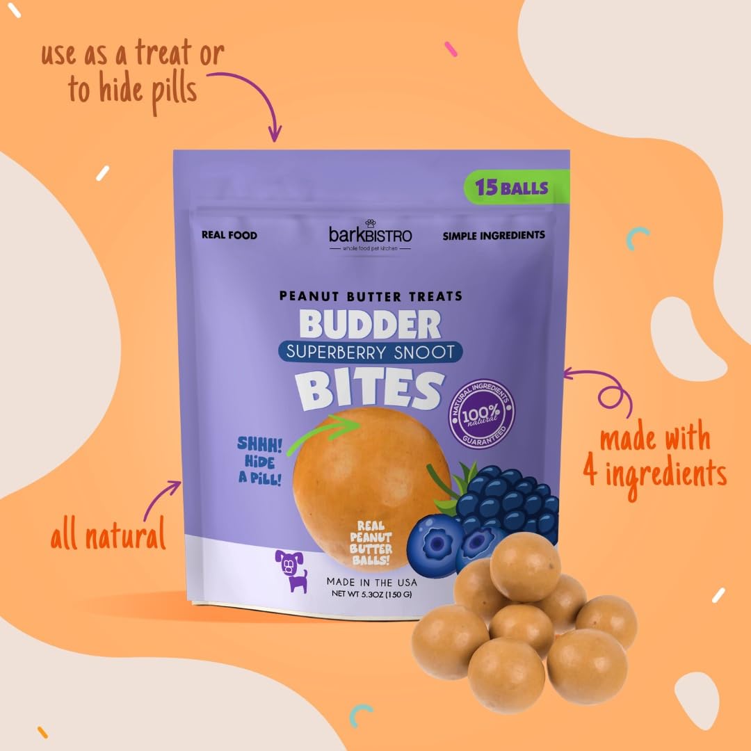 BUDDY BUDDER 3pk Bites, Natural Peanut Butter Dog Treats (Pumpkin, Bacon, & Berry Flavor), Soft Peanut Butter Ball Treat or Use