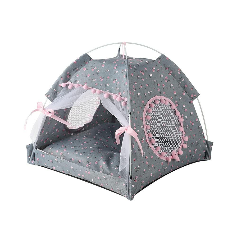 Cat Bed Tents Dog House Indoor Outdoor Lace Mesh Breathable Windows Door Curtains Removable Portable Nest Teepe House (Large,Gra