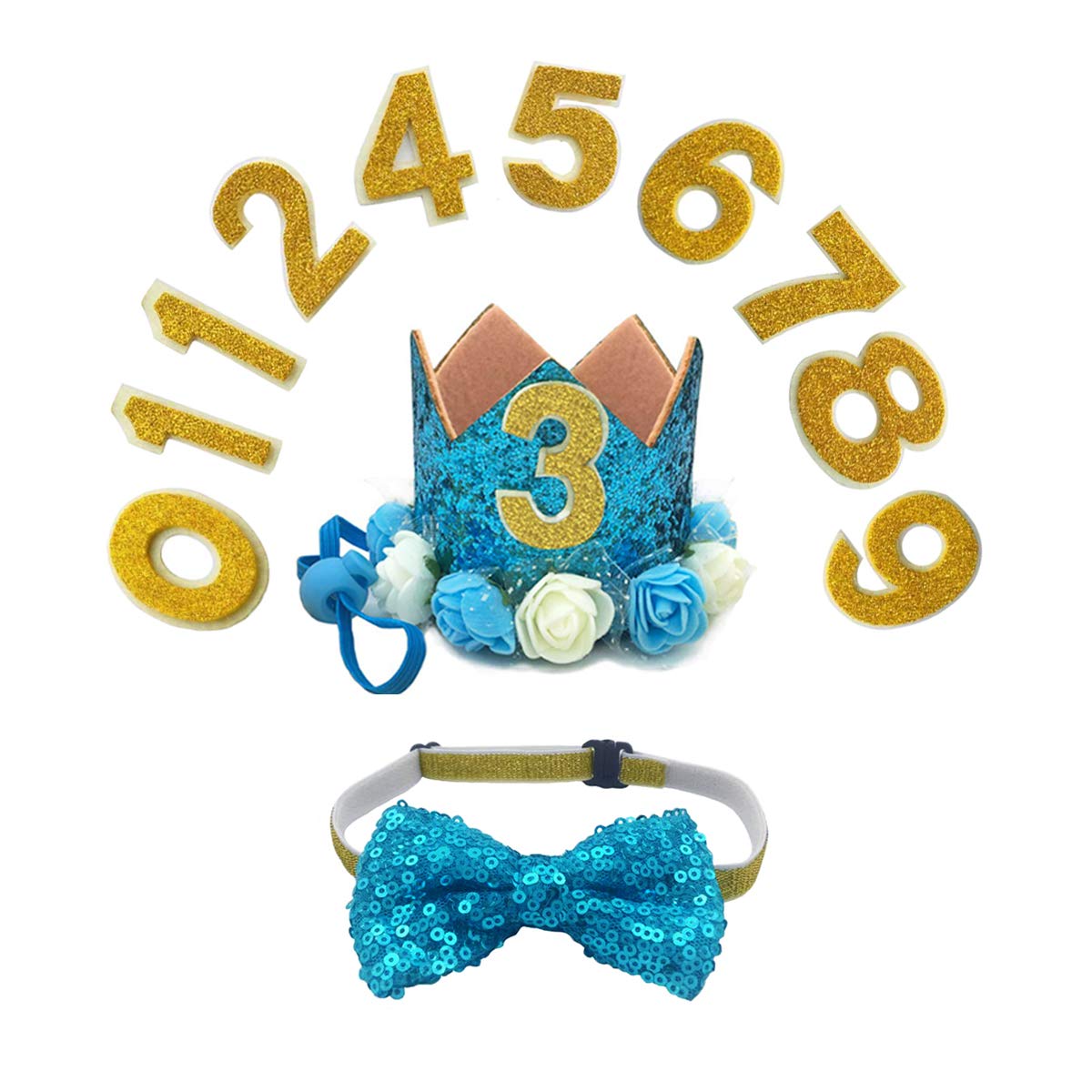 Posapet Cat Dog Birthday Crown Hat And Bow Tie Collar Set Pet Boy Birthday Party Supplies (Blue)