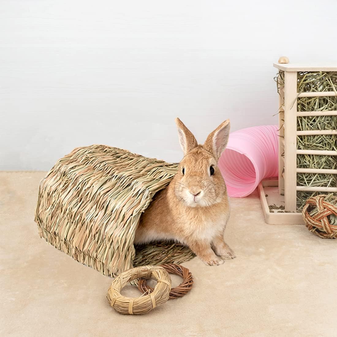 Hamiledyi Rabbit Grass Tunnel,Rabbit Grass Bed Natural Straw Woven Mat Winter Warm Hideaway Hut For Bunny Gerbil Ferrets Chinchi