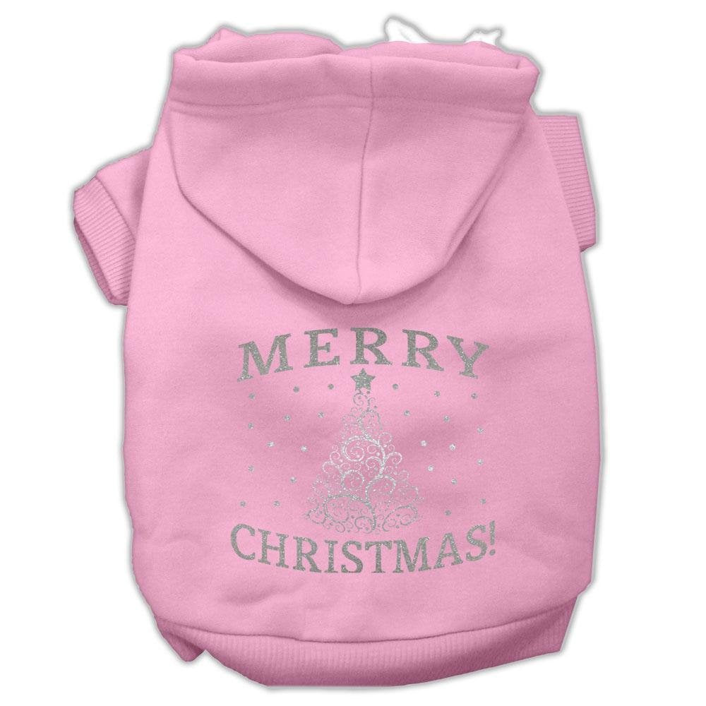 Christmas Pet Dog & Cat Hoodie Screen Printed, 'Shimmer Christmas Tree' Light Pink Sm (3-6 Lbs.)