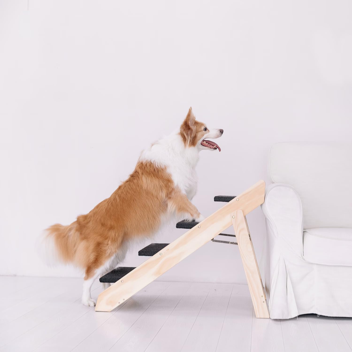 Chicfurnit Wooden Dog Stairs, 4-Level Wooden Pet Steps, Foldable Pet Ladder For High Bed Couch Cars, Non-Slip Pet Stairs For Sma