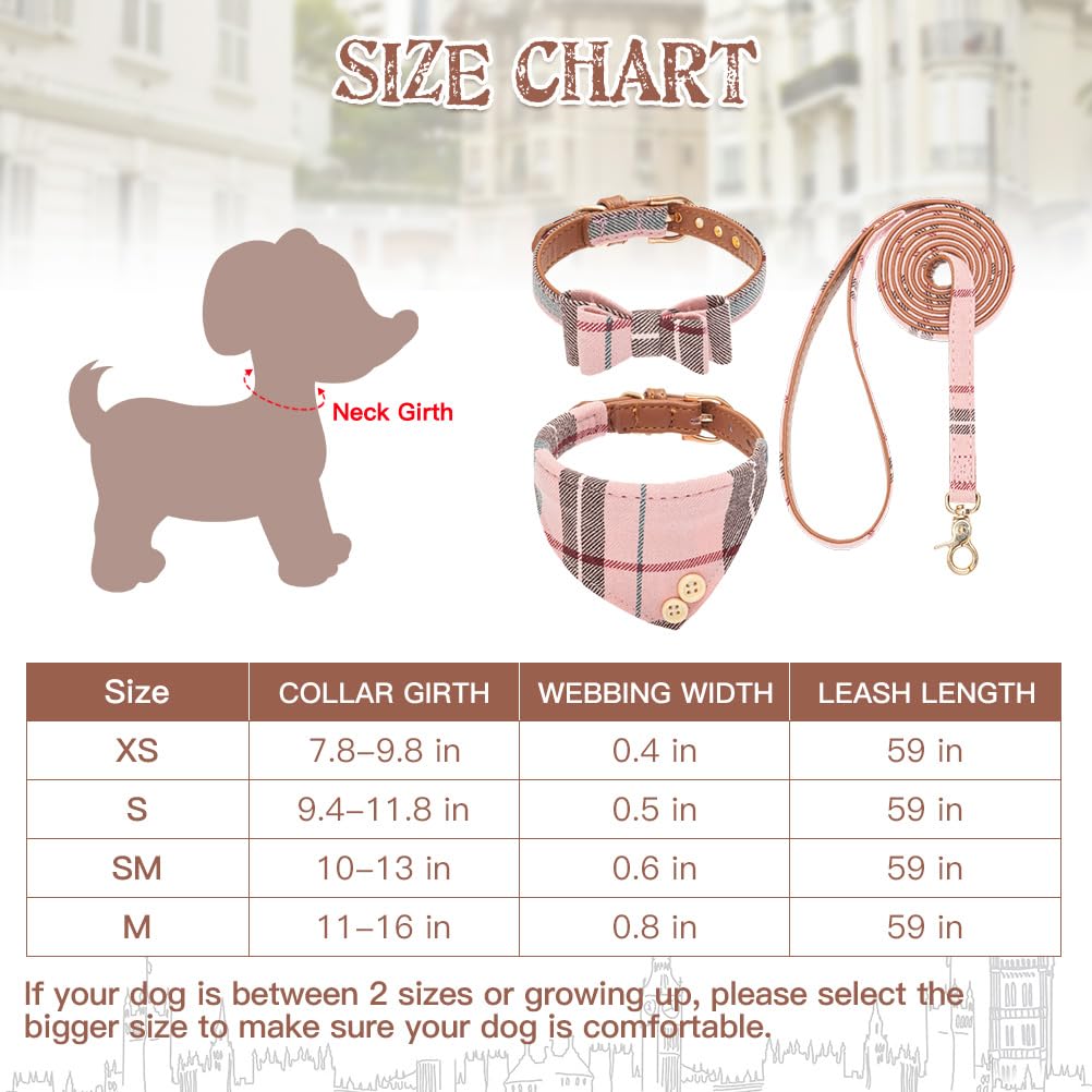 Expawlorer Dog Collar And Leash Set - Classic Plaid Dog Bow Tie And Dog Bandana Collar, Dog Leash Tangle Free, Adjustable Collars For Small Medium Large Dogs Cats, Holiday Ideal Gift