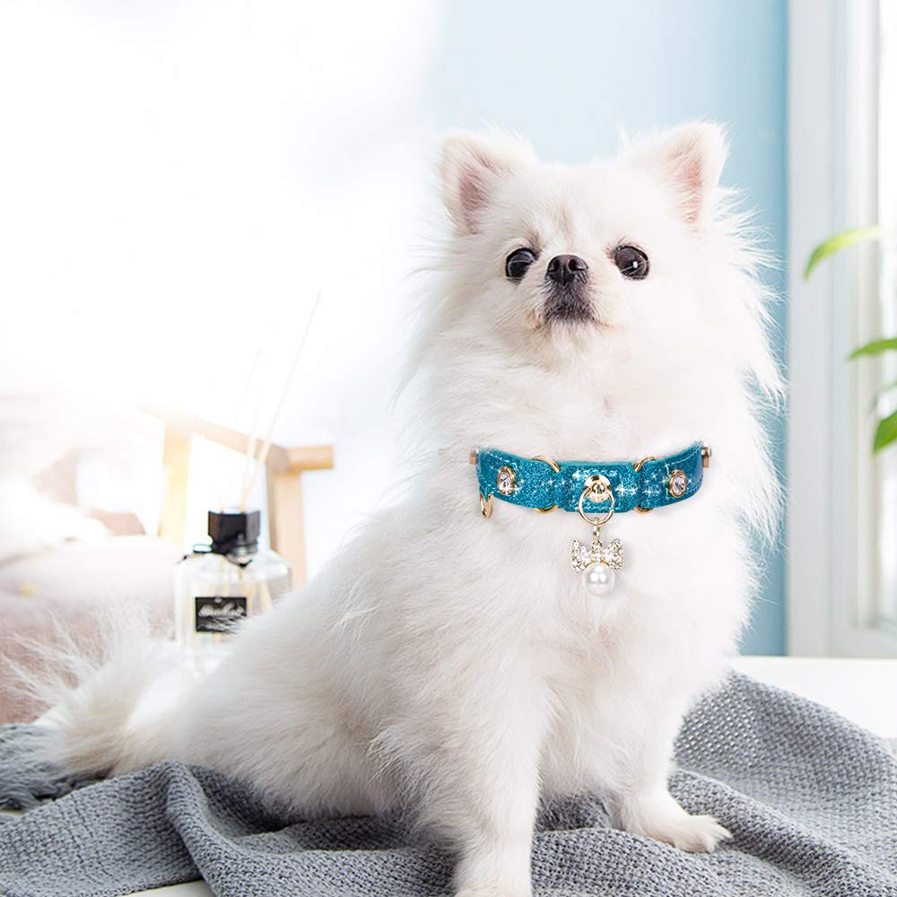 Petshome Cat Collar, Dog Collar, [Bling Rhinestones] Pu Leather Adjustable Pet Collar With Luxury Pendant For Big Cat And Small To Medium Dog Small Blue