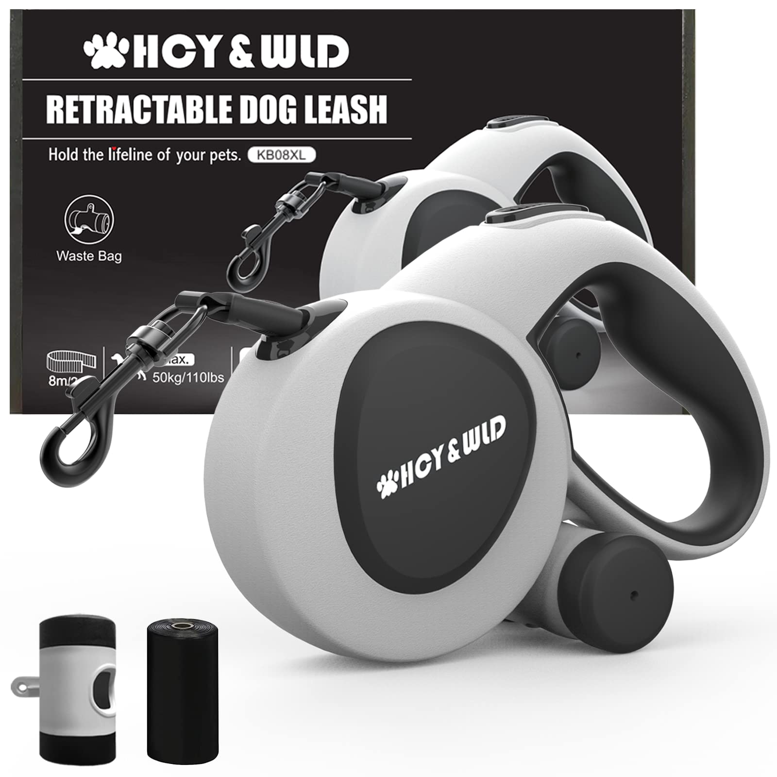 HCY&WLD Upgrade 3-in-1 Retractable Dog Leash with Integrated Dispenser & Poop Bags, 26 ft Heavy Duty Dog Leash with Anti-Slip Ha