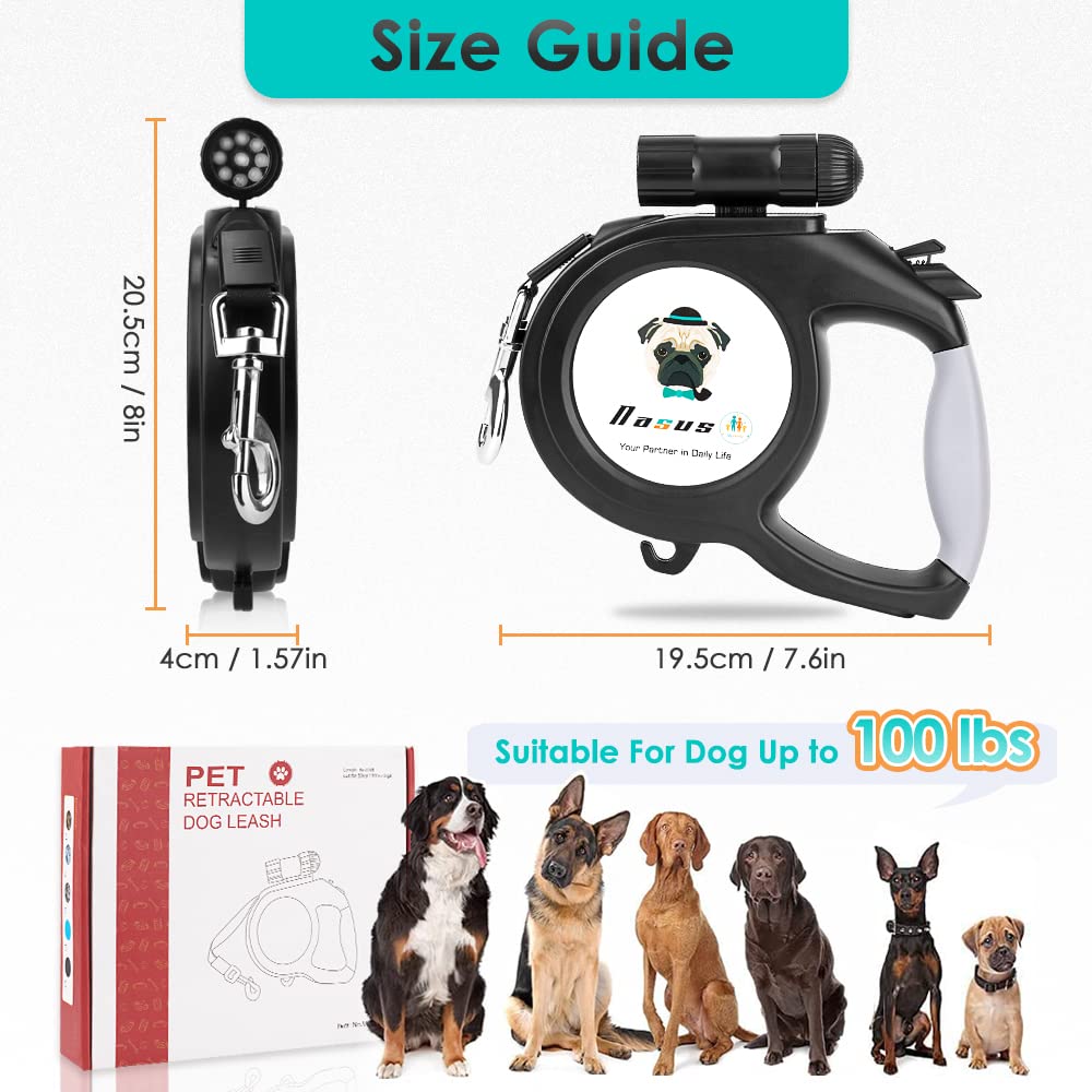 Nasus Retractable Dog Leash, 26Ft Pet Walking Leash With 9 Led Detachable Flashlight For Medium Large Dog Up To 100Lbs, With Hand Grip One Button Brake & Lock And Hook (Black-N)